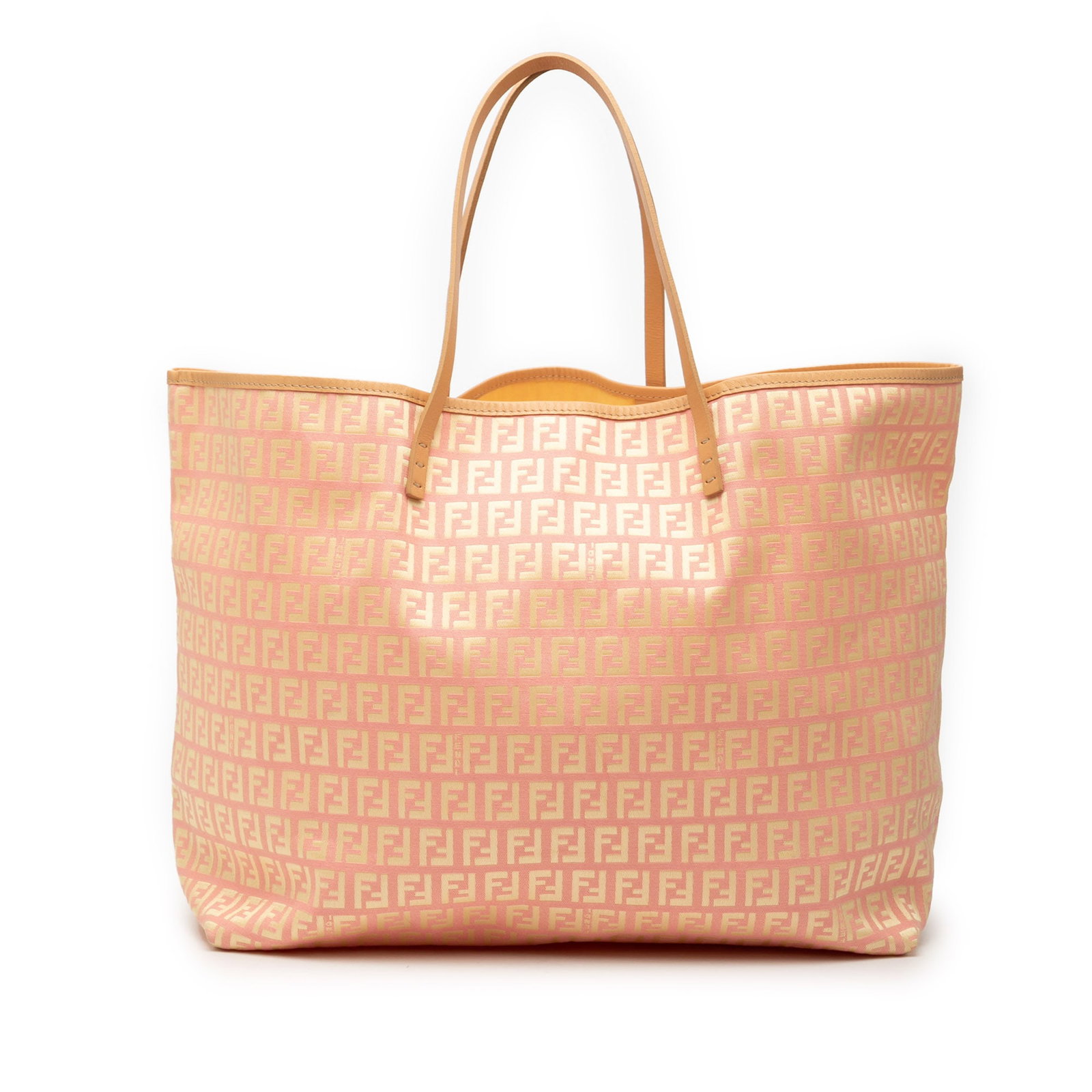 Medium Zucchino Pink Canvas Tote Bag with Leather Trim by Fendi: Medium Zucchino Pink Canvas Tote Bag with Leather Trim by Fendi This Fendi Medium Zucchino Canvas Roll Tote features a canvas body with leather trim, flat leather handles, and an open top design. The 