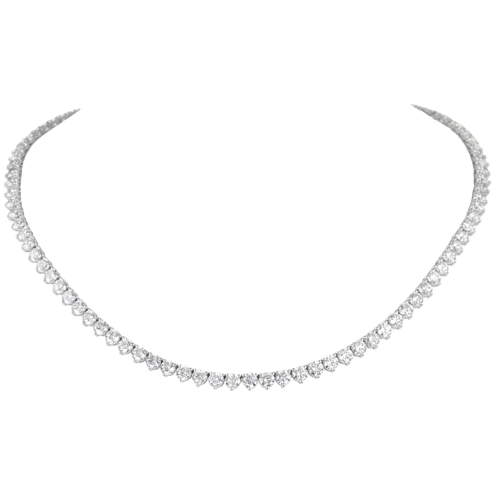 22.78ct Diamond Tennis Necklace 18k White Gold: 22.78ct Diamond Tennis Necklace 18k White Gold This exquisite 22.78ct Diamond Three-Prong Tennis Necklace is crafted from 18k white gold, showcasing a stunning array of 98 round brilliant diamonds. Wi