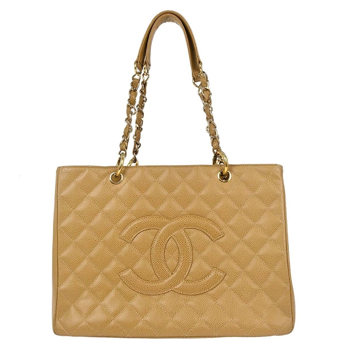 CHANEL Beige Calfskin GST Chain Tote Handbag: CHANEL Beige Calfskin GST Chain Tote Handbag This Chanel Grand Shopping Tote (GST) is crafted from beige calfskin leather and features the iconic chain handles and logo accent. Designed in a spacious 