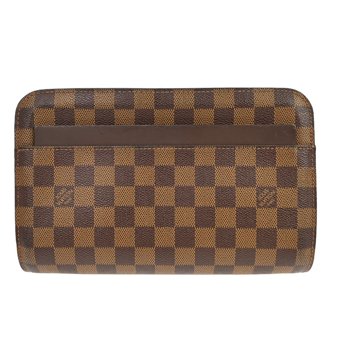 Louis Vuitton Damier Ebene Orsay brown zip clutch: Louis Vuitton Damier Ebene Orsay brown zip clutch This Louis Vuitton Damier Ebene Orsay clutch features a classic brown Damier canvas leather exterior with brown leather handle and strap. The bag is d