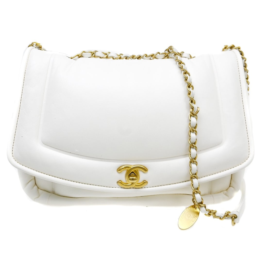 CHANEL Matelasse White Lambskin Shoulder Bag Chain Strap: CHANEL Matelasse White Lambskin Shoulder Bag Chain Strap This Chanel White Lambskin Double Chain Shoulder Bag features a classic matelasse pattern and a medium-sized silhouette. The exterior is crafte