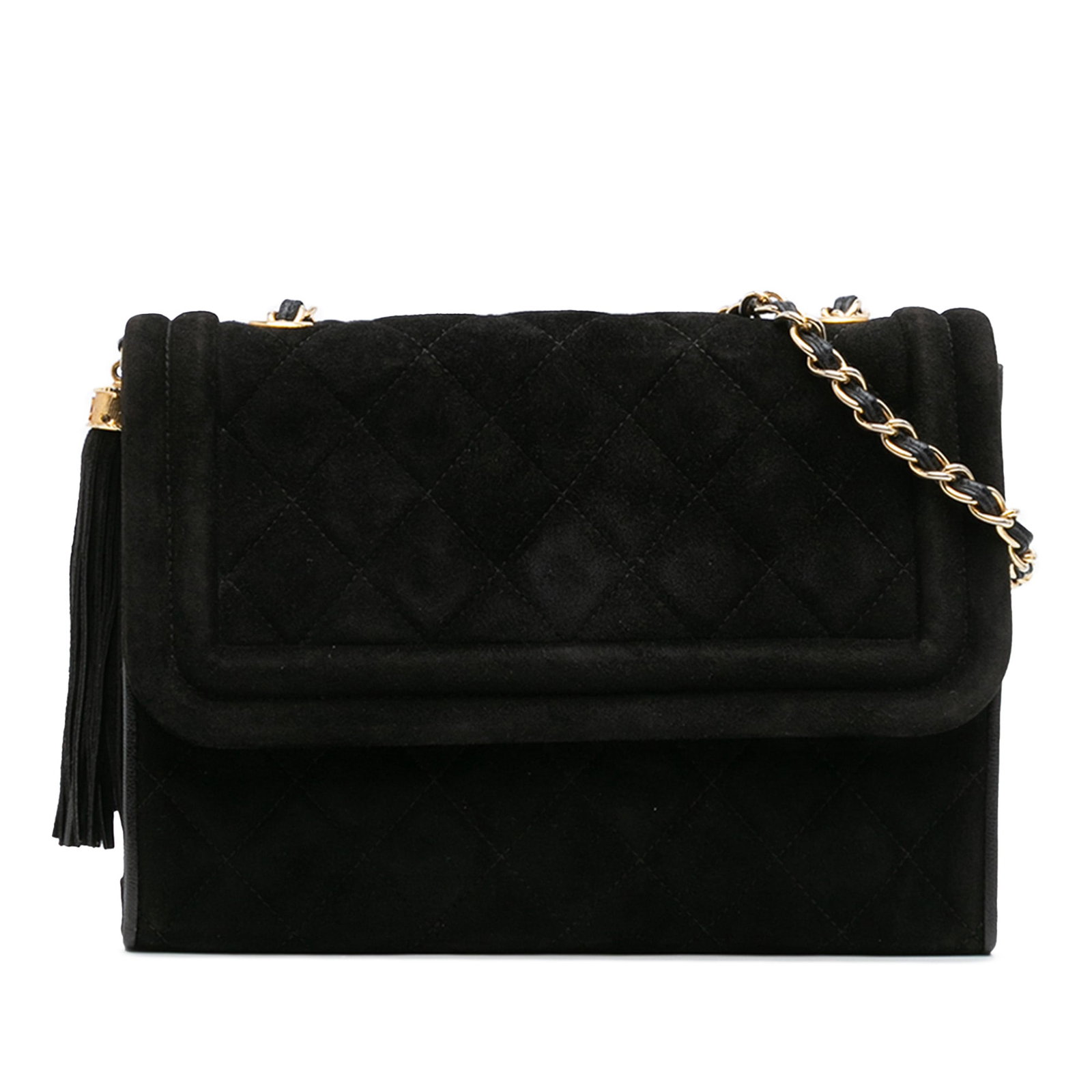 Chanel Black Quilted Suede Tassel Flap Crossbody Bag: Chanel Black Quilted Suede Tassel Flap Crossbody Bag This elegant Chanel crossbody bag showcases a luxurious quilted suede leather construction in a classic black color. It features a stylish tassel a
