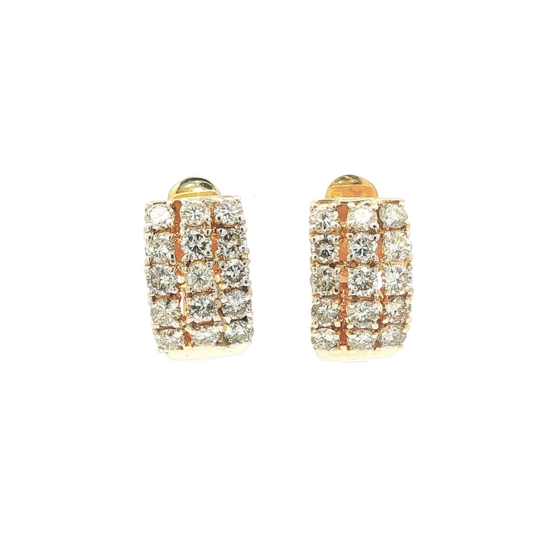 Three Row Yellow Gold Cuff Earrings with 3.25ctw Round Natural Diamonds: Three Row Yellow Gold Cuff Earrings with 3.25ctw Round Natural Diamonds These large cuff earrings feature three rows of approximately 3.25 carats total weight of round brilliant-cut natural diamonds, 