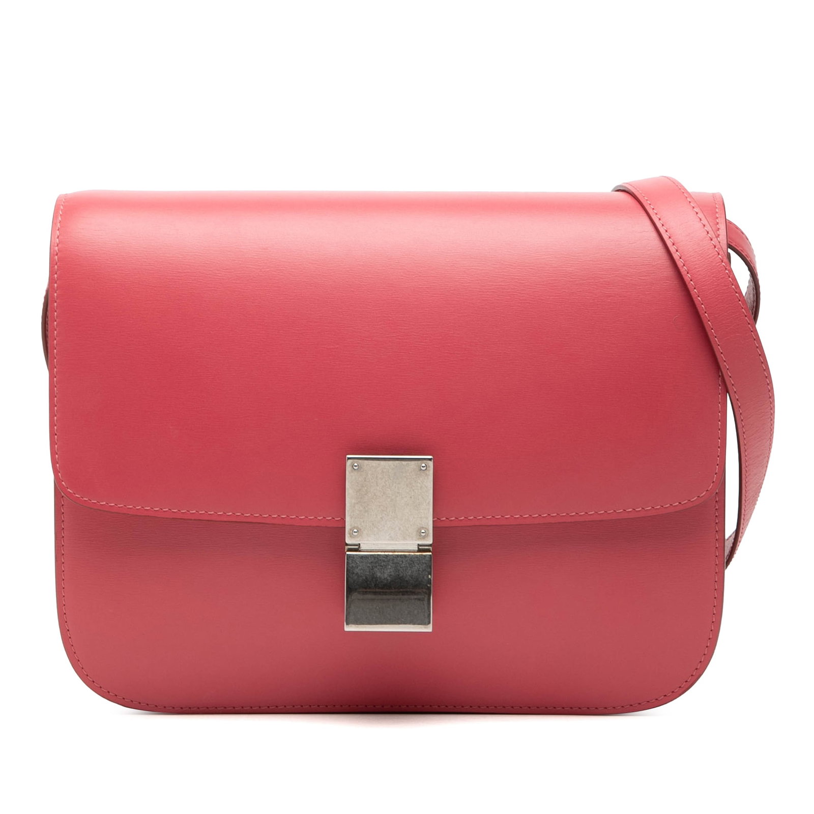 Celine pink leather crossbody bag Medium Calfskin Classic Box: Celine pink leather crossbody bag Medium Calfskin Classic Box This Celine Medium Calfskin Classic Box crossbody bag is crafted from pink leather and features a detachable flat strap, a front flap with