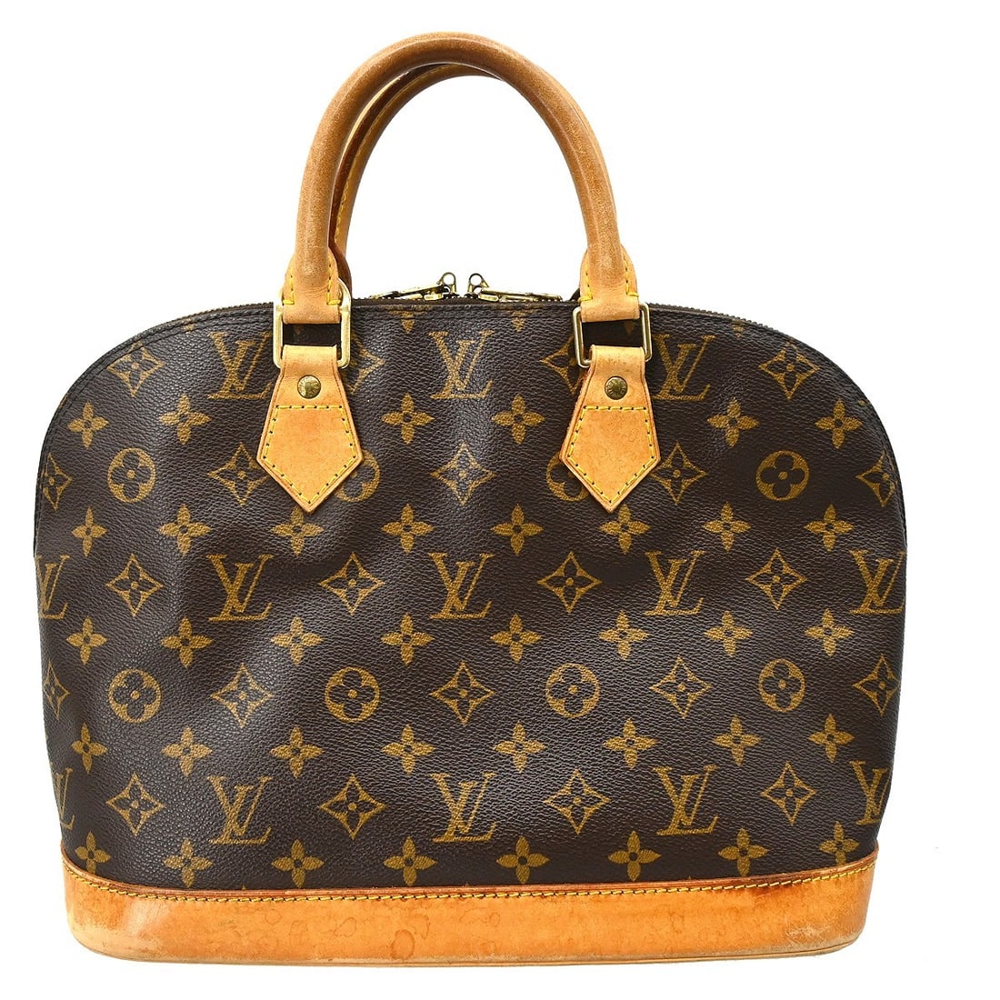 Louis Vuitton Monogram Alma Medium Zip Handbag: Louis Vuitton Monogram Alma Medium Zip Handbag This Louis Vuitton Alma handbag features the iconic monogram canvas exterior, complemented by beige double handles and a zip closure. The medium-sized ba