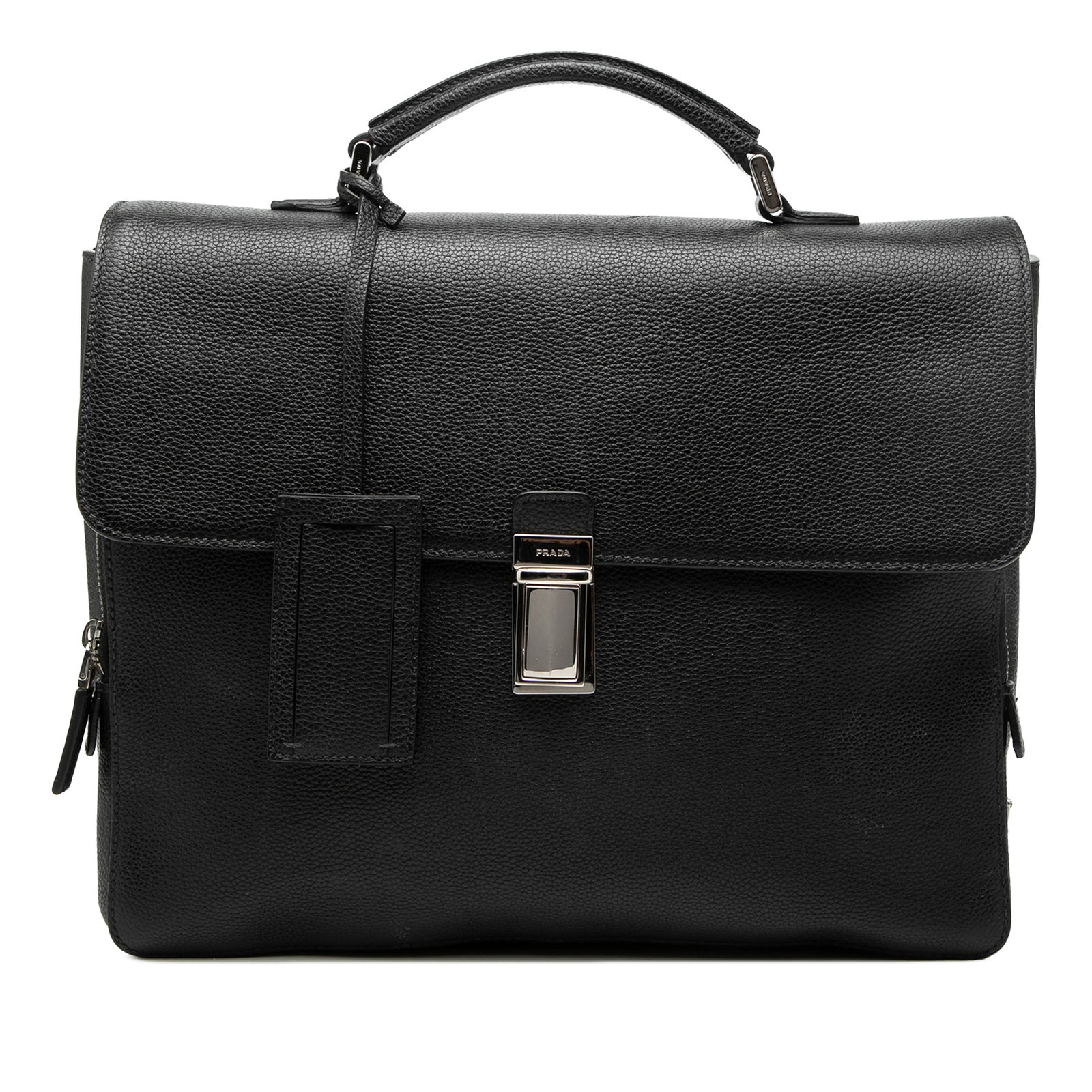 Prada black leather top handle flap business bag: Prada black leather top handle flap business bag This Prada business bag is crafted from black leather and features a top handle, a front flap with a push lock closure, and interior zip pockets for or