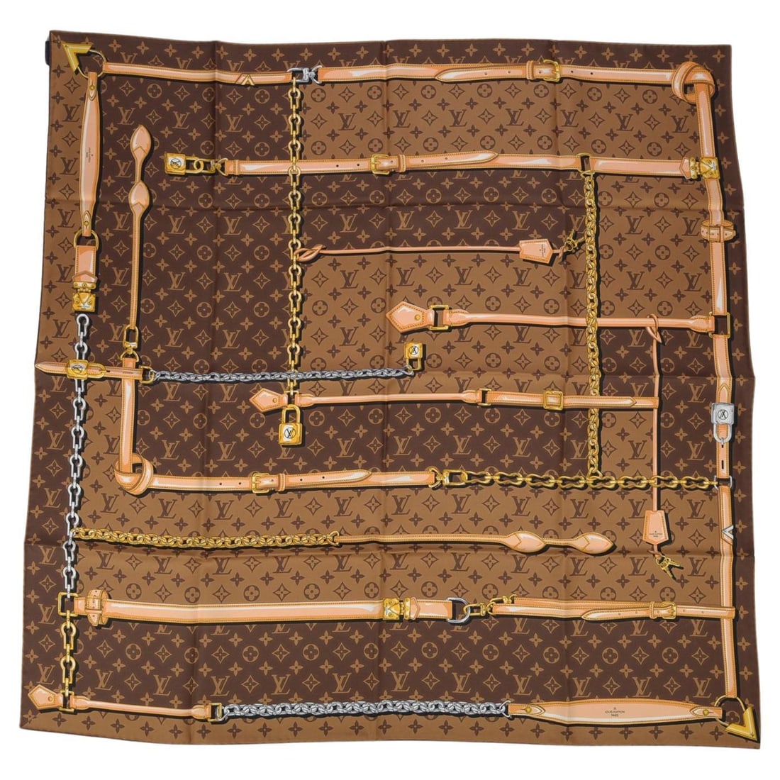 Louis Vuitton Silk Square Scarf With Trunk Monogram Pattern Brown: Louis Vuitton Silk Square Scarf With Trunk Monogram Pattern Brown This Louis Vuitton silk scarf features a brown and caramel color palette with a signature monogram trunks design. The scarf is in exce