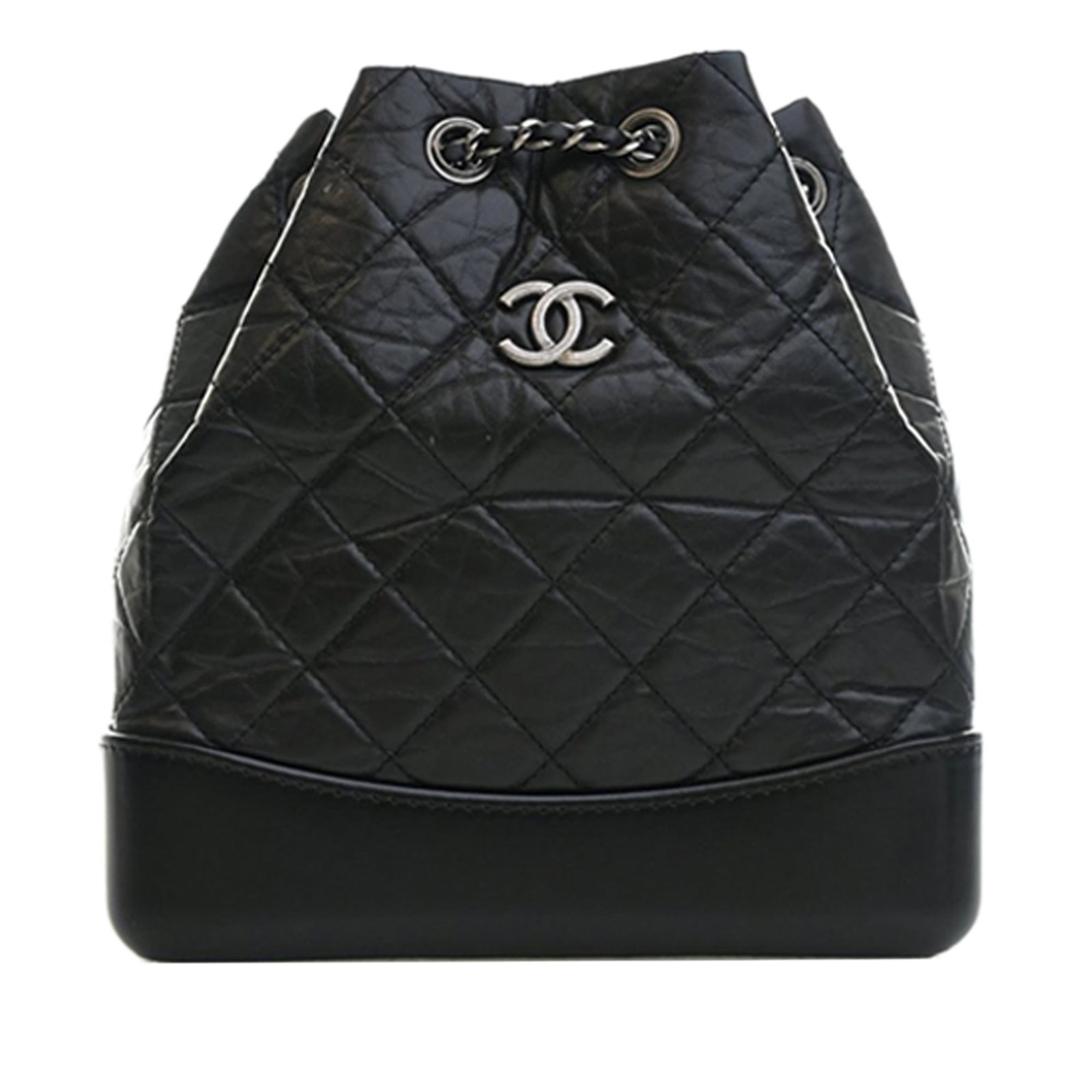 Chanel Gabrielle small quilted calfskin backpack black: Chanel Gabrielle small quilted calfskin backpack black This Chanel Small Quilted Aged Calfskin Gabrielle Backpack is crafted from black quilted aged calf leather and features leather-woven chain back 