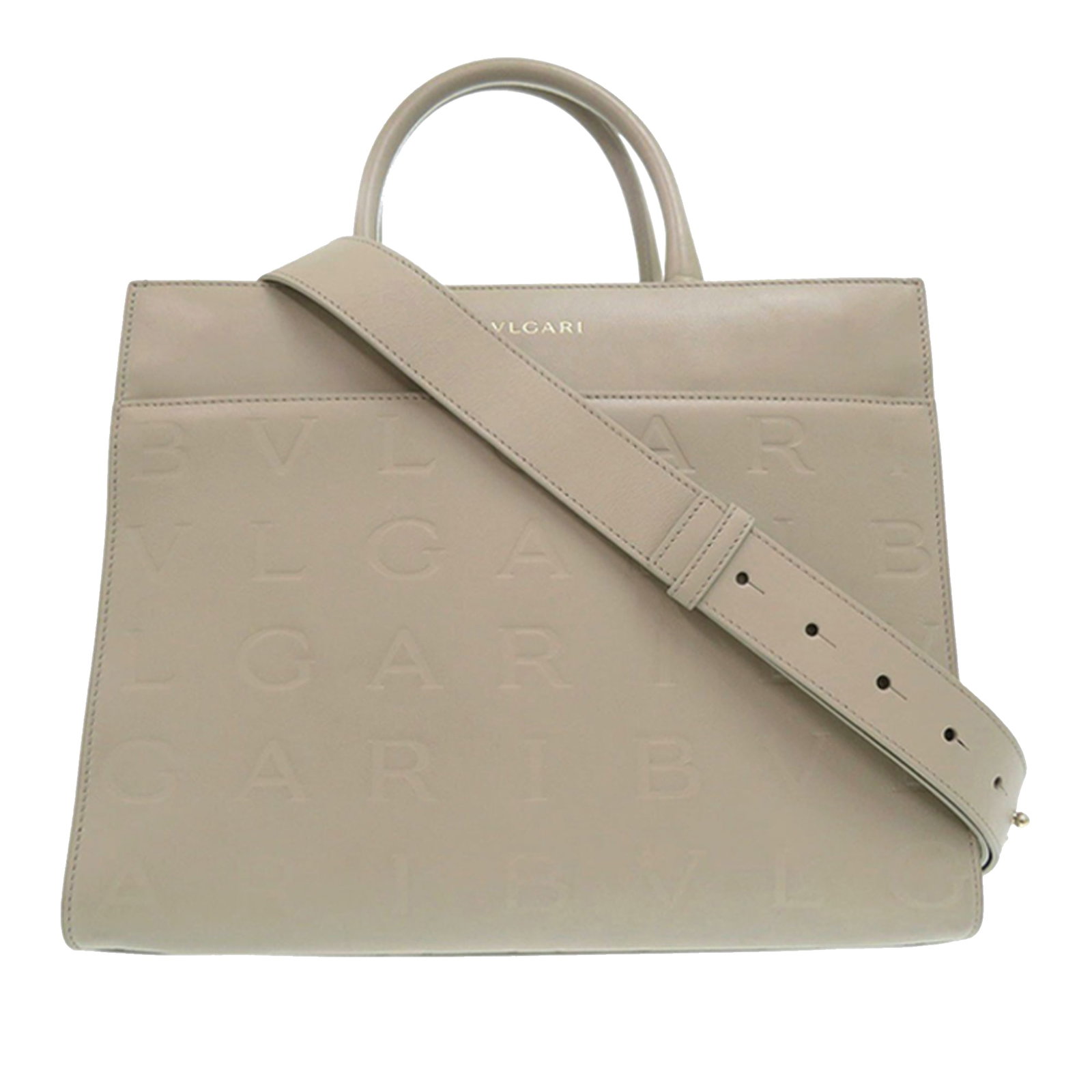Bvlgari Infinitum beige leather tote with strap: Bvlgari Infinitum beige leather tote with strap This Bvlgari Embossed Leather Logo Infinitum Tote is crafted in beige leather and features rolled leather handles, a detachable flat shoulder strap, and