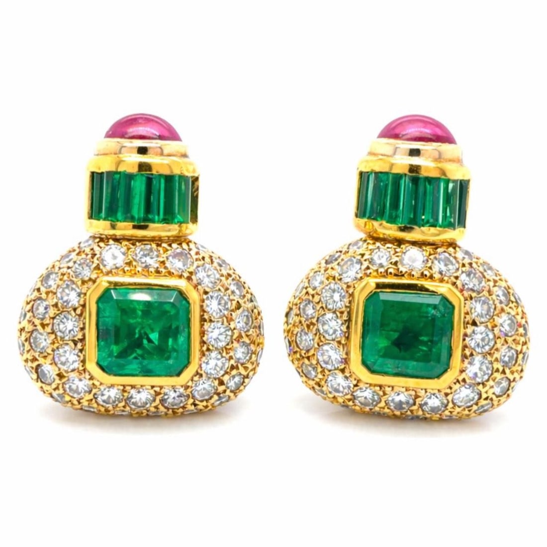18K Gold Earrings with Colombian Emeralds Diamonds and Rubies by Vasari: 18K Gold Earrings with Colombian Emeralds Diamonds and Rubies by Vasari Elegant 18K yellow gold earrings featuring two Colombian emeralds with a combined weight of approximately 3.00 ct, complemented 