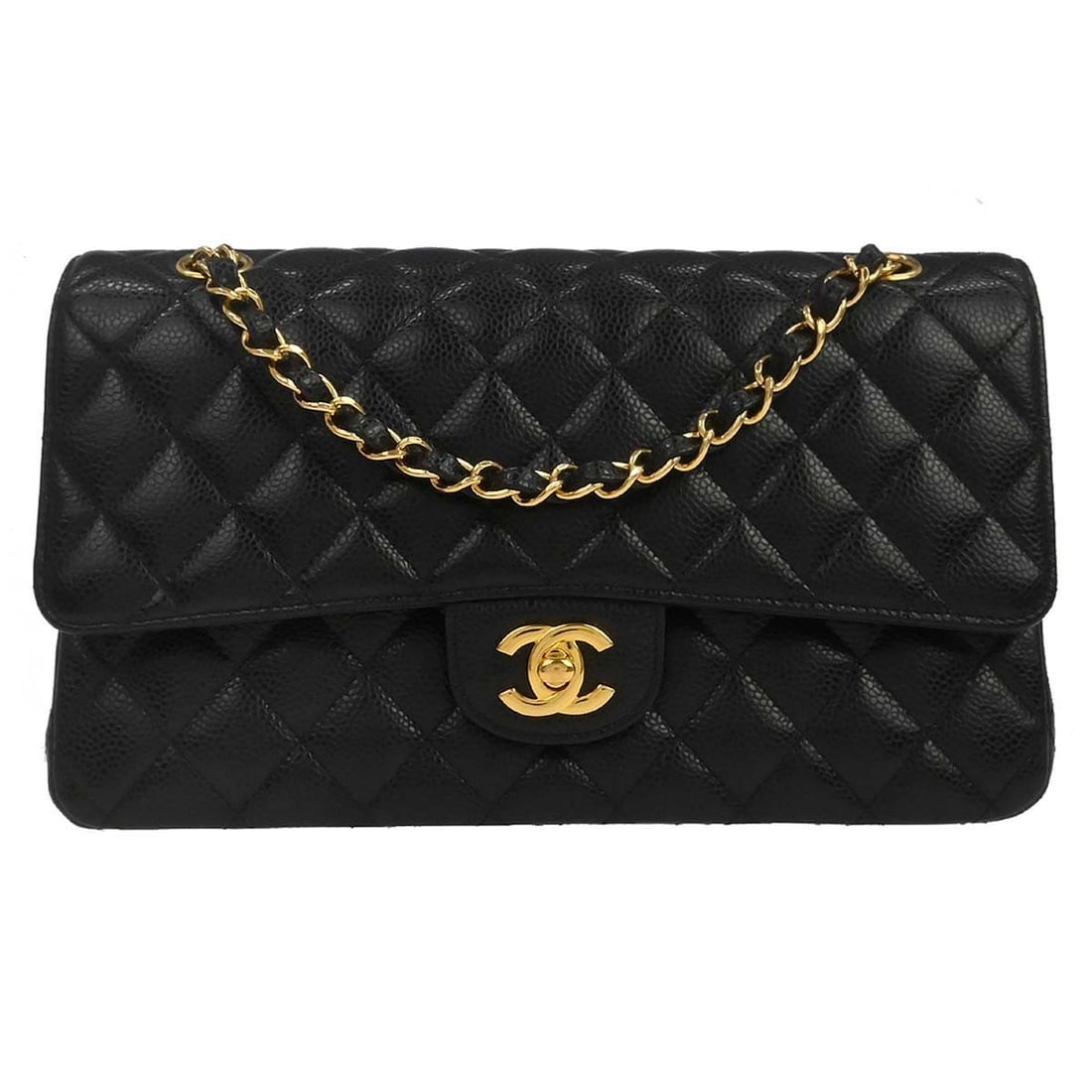 CHANEL Classic Flap Black Calfskin Medium Shoulder Bag: CHANEL Classic Flap Black Calfskin Medium Shoulder Bag This is a Chanel Classic Double Flap shoulder bag crafted from black calfskin leather. It features a medium size with a turn lock closure and a v