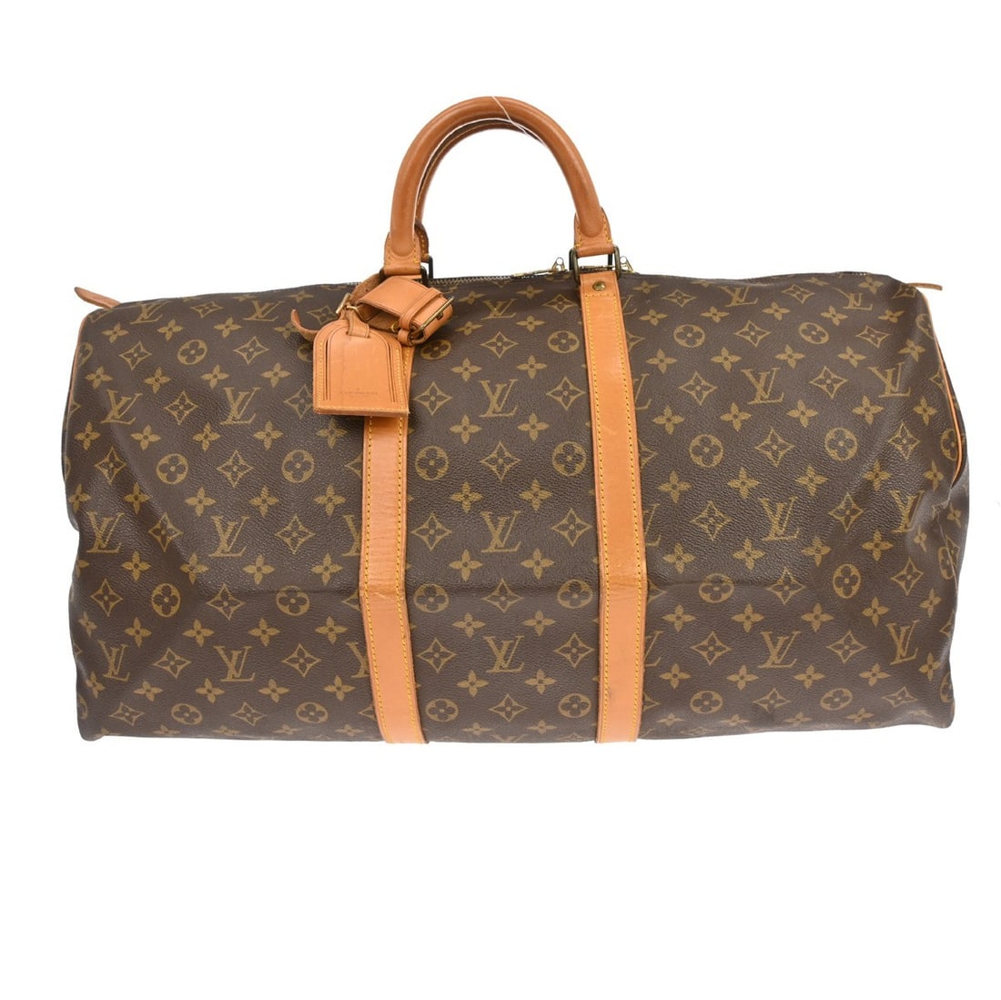 Louis Vuitton Keepall 55 Monogram Duffle Travel Bag: Louis Vuitton Keepall 55 Monogram Duffle Travel Bag This Louis Vuitton Keepall 55 is a vintage extra-large travel handbag crafted from monogram canvas leather with beige leather double handles. The du