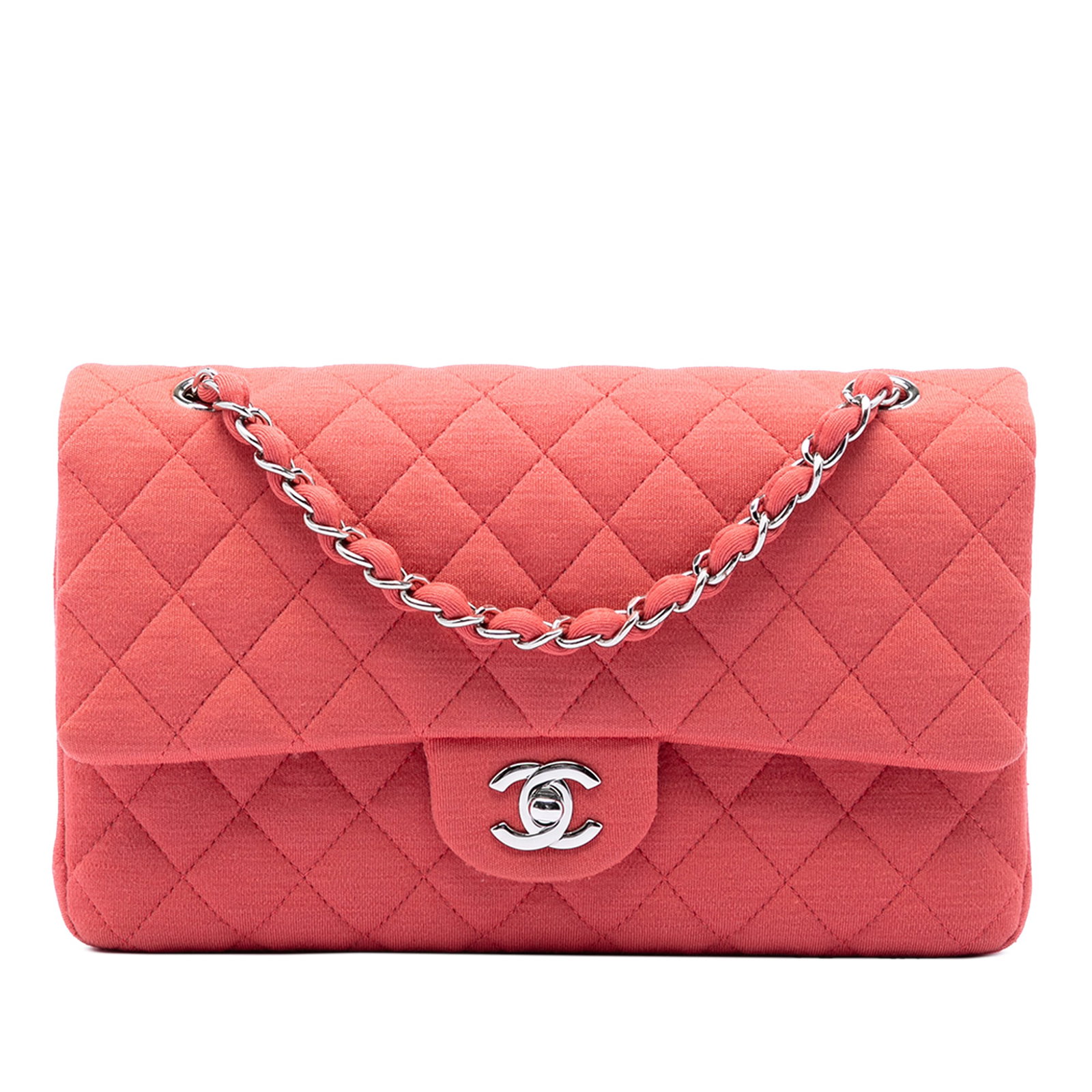 Chanel pink quilted jersey flap shoulder bag: Chanel pink quilted jersey flap shoulder bag This Chanel Medium Classic Jersey Double Flap shoulder bag features a quilted jersey fabric body in pink, complemented by a fabric-woven chain link shoulde