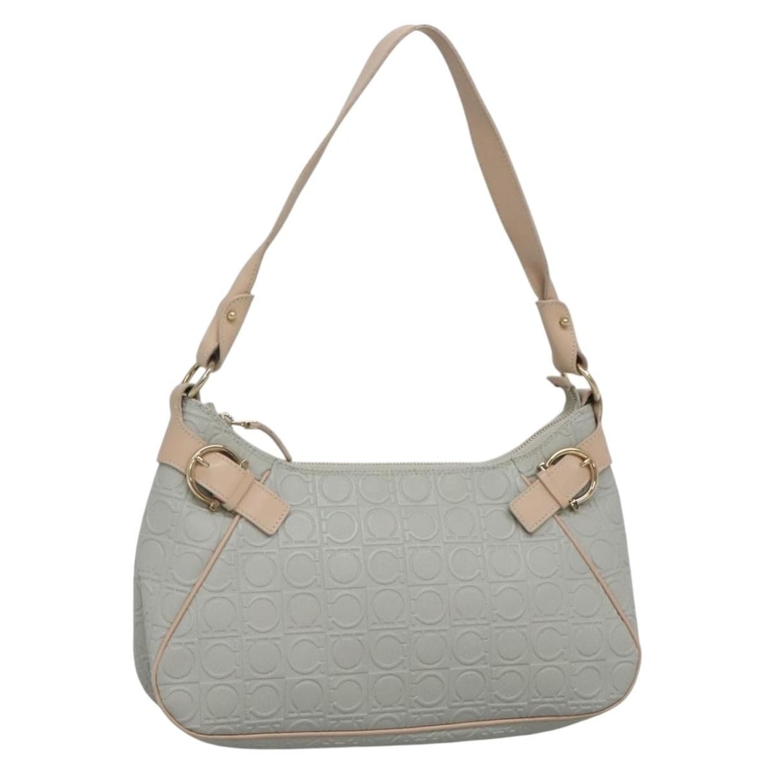 Salvatore Ferragamo Gancini Shoulder Bag Leather Gray Beige Gold Made in Italy: Salvatore Ferragamo Gancini Shoulder Bag Leather Gray Beige Gold Made in Italy This authentic Salvatore Ferragamo Gancini Shoulder Bag is a stylish accessory crafted from high-quality leather, featuri