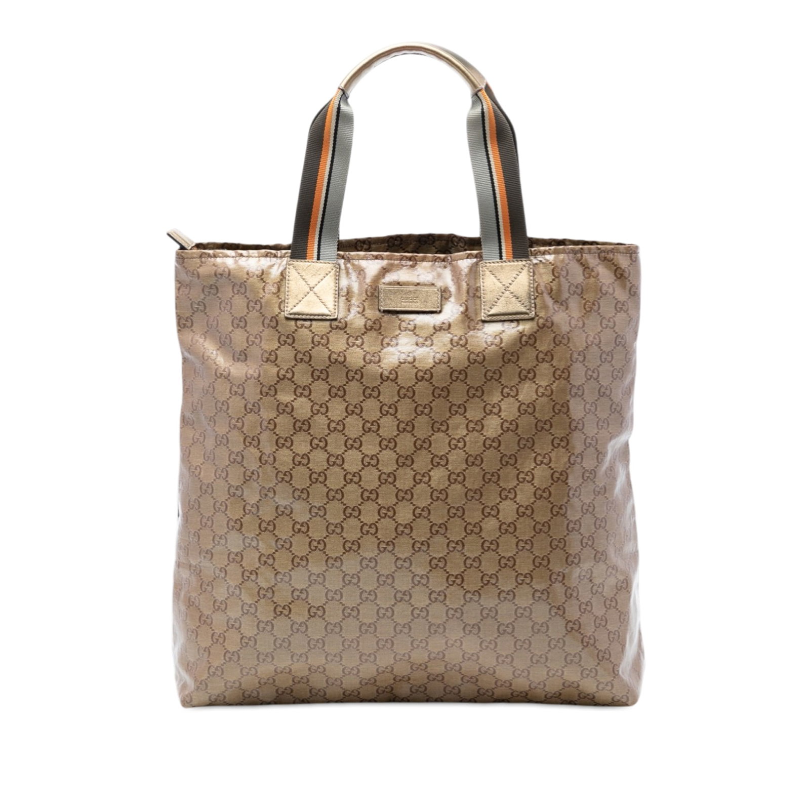 Gucci GG Crystal Coated Canvas Tote with Leather Trim Gold: Gucci GG Crystal Coated Canvas Tote with Leather Trim Gold This Gucci GG Crystal Vertical Web Tote features a coated canvas body with leather trim, flat leather handles, a top zip closure, and interio