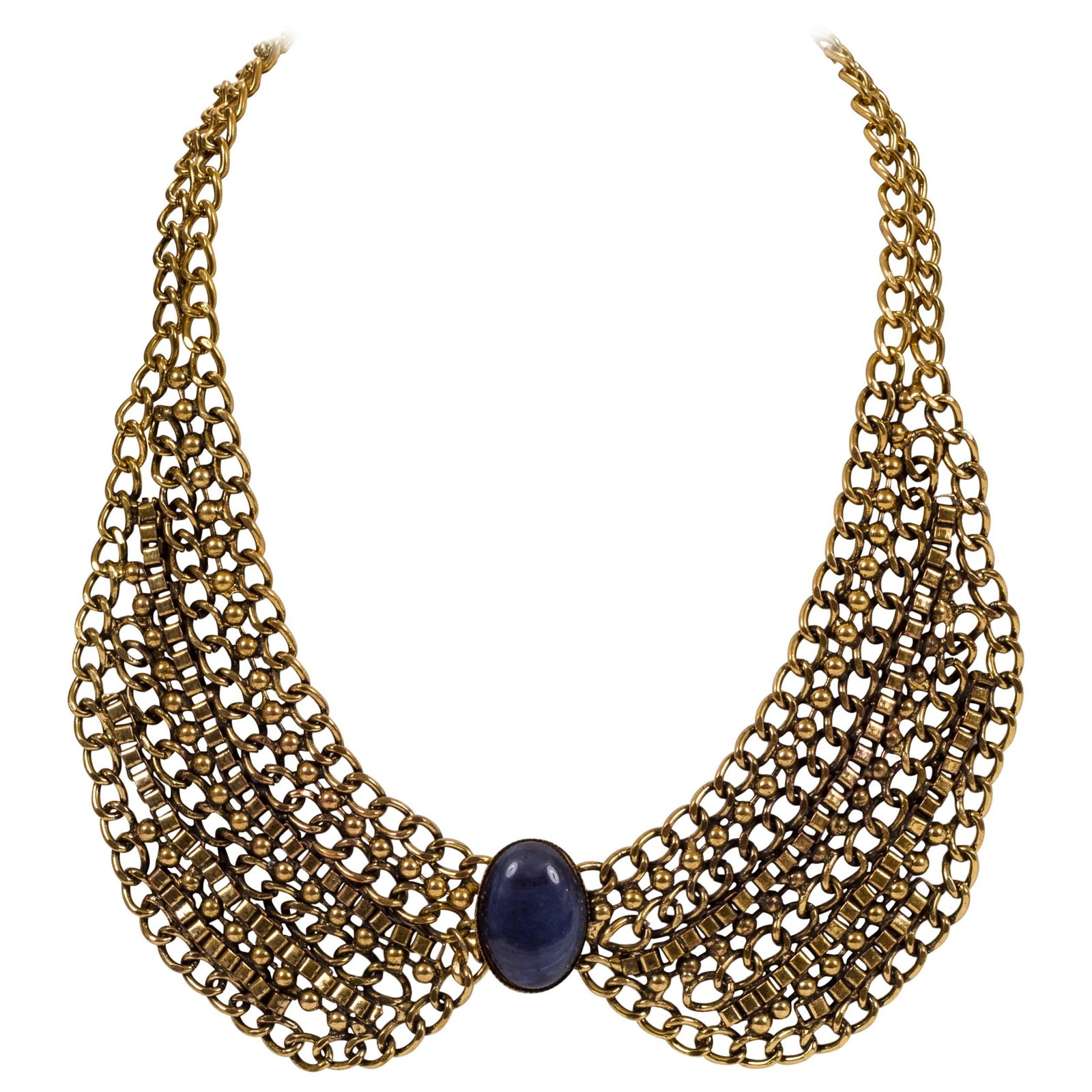 Karl Lagerfeld 90's Goldtone Chain Necklace with Blue Stone: Karl Lagerfeld 90's Goldtone Chain Necklace with Blue Stone This stunning Karl Lagerfeld collar necklace features a goldtone chain-link design accented with a striking blue stone at the center. Crafte