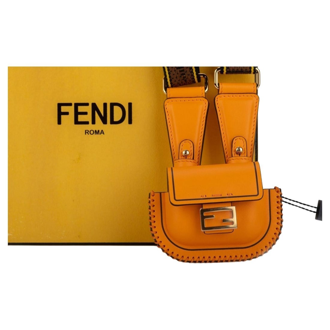 Fendi Micro Necklace Bag Orange with Brown Strap BNIB Italy: Fendi Micro Necklace Bag Orange with Brown Strap BNIB Italy Introducing the Fendi Micro Necklace Bag, an exquisite accessory that combines luxury and functionality. This delightful piece, crafted in I