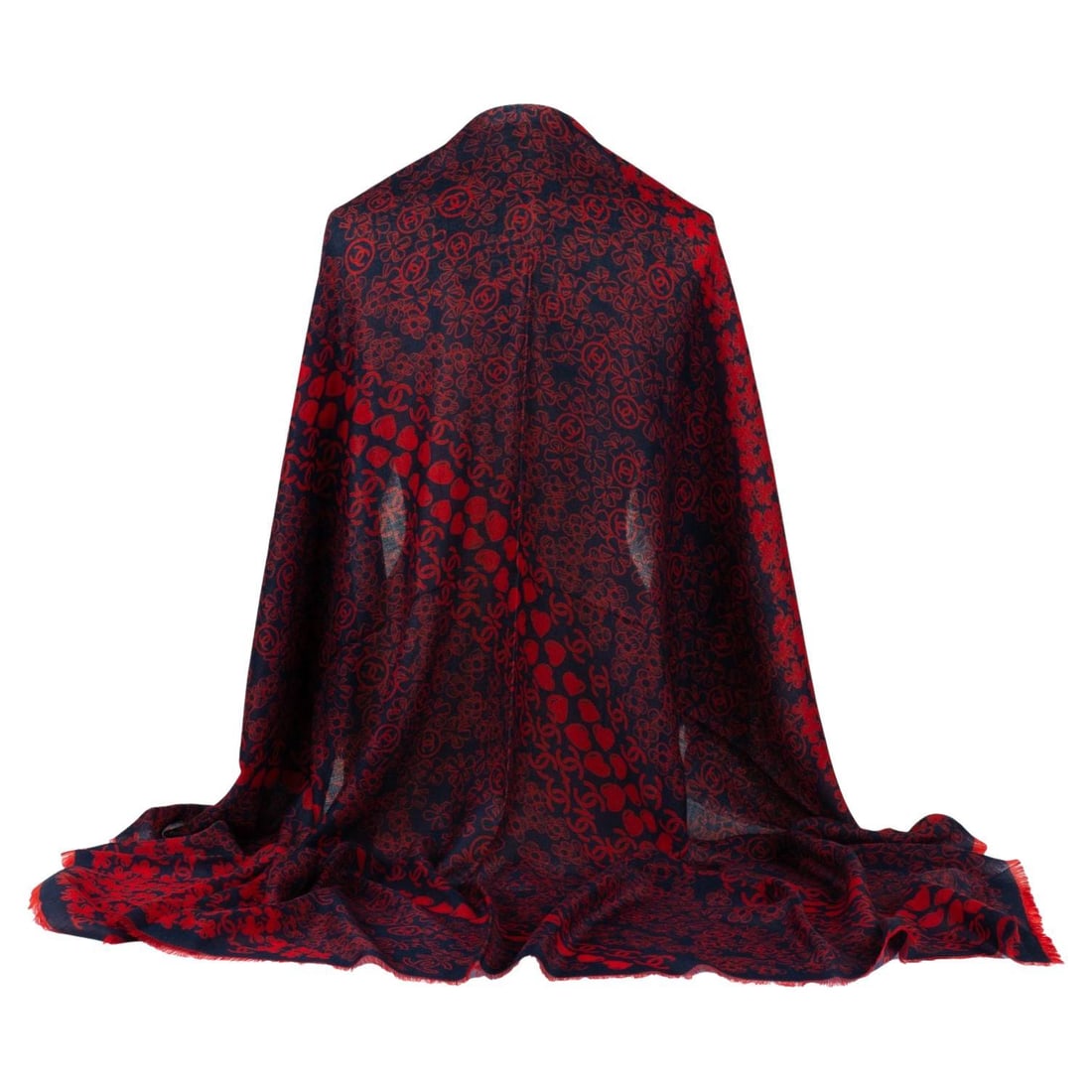 Chanel New Navy Red Cashmere Shawl Clover Logo Design: Chanel New Navy Red Cashmere Shawl Clover Logo Design Experience luxury with this exquisite Chanel cashmere shawl, featuring a stunning clover and multi-logo design in navy and red. Crafted in Italy, 