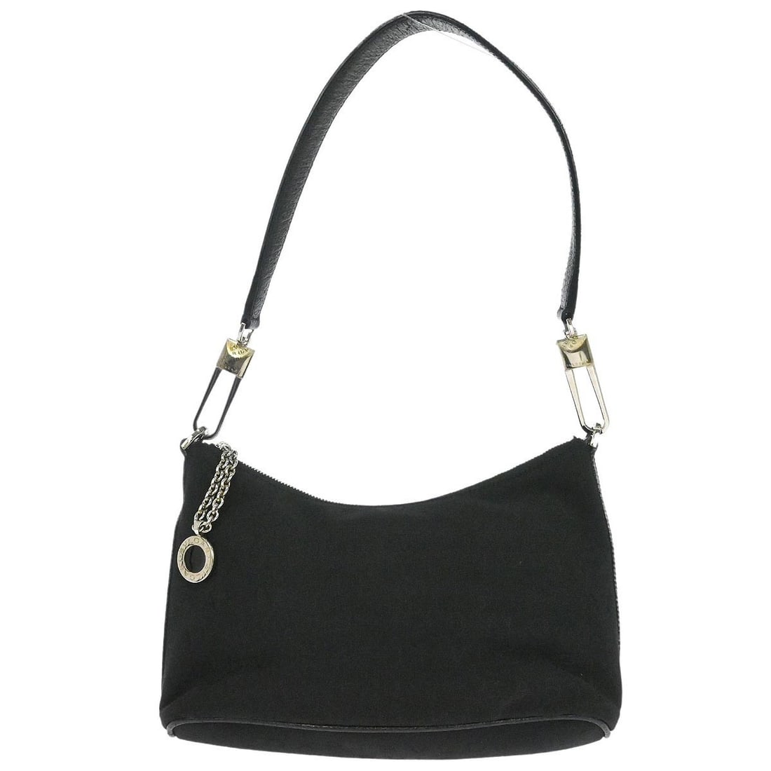 Bvlgari Logomania Black Canvas Small Top Handle Bag with Logo Accents: Bvlgari Logomania Black Canvas Small Top Handle Bag with Logo Accents This Bvlgari Logomania handbag features a black canvas exterior with logo accents and a structured top handle design. The bag is a