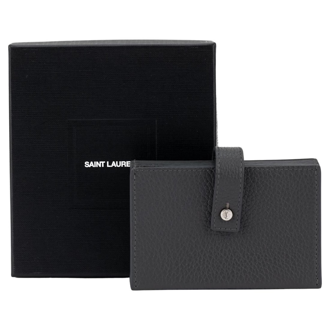 Yves Saint Laurent Asphalt Grey Pebbled Leather Credit Card Wallet: Yves Saint Laurent Asphalt Grey Pebbled Leather Credit Card Wallet Introducing the Yves Saint Laurent Credit Card Wallet in a sophisticated asphalt grey pebbled leather. This unisex wallet features el