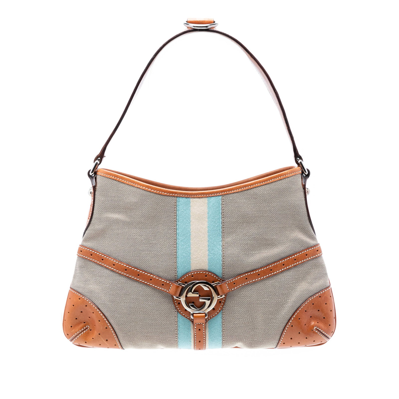 Gucci Reins Canvas Web Shoulder Bag: Gucci Reins Canvas Web Shoulder Bag This Gucci Canvas Web Reins Shoulder Bag features a beige fabric body accented with leather trim and signature web detailing. It is designed with a flat leather str