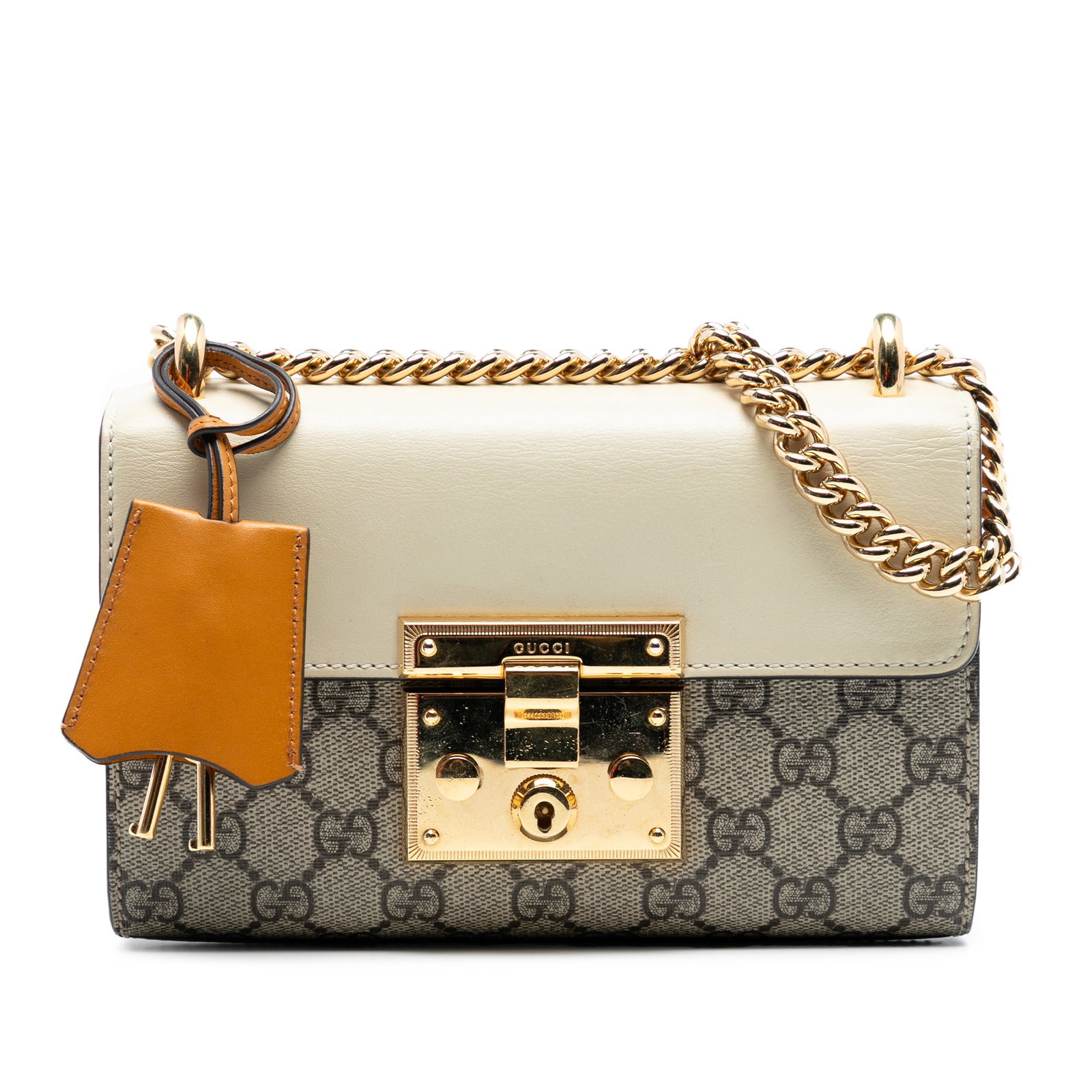 Gucci GG Supreme Small Padlock Beige Canvas Crossbody Bag: Gucci GG Supreme Small Padlock Beige Canvas Crossbody Bag This Gucci Small GG Supreme Padlock Crossbody bag features a beige coated canvas body with a gold-tone chain strap and a front flap secured by