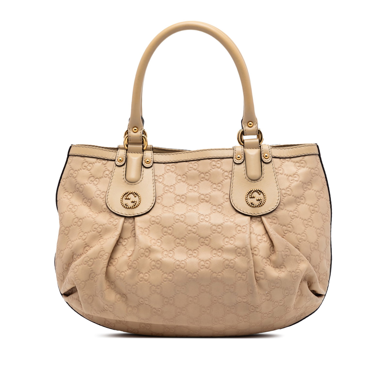 Gucci Guccissima Scarlett leather tote bag: Gucci Guccissima Scarlett leather tote bag The Scarlett Tote features an embossed leather exterior with rolled leather handles, a top button clasp closure, and both interior zip and slip pockets for o