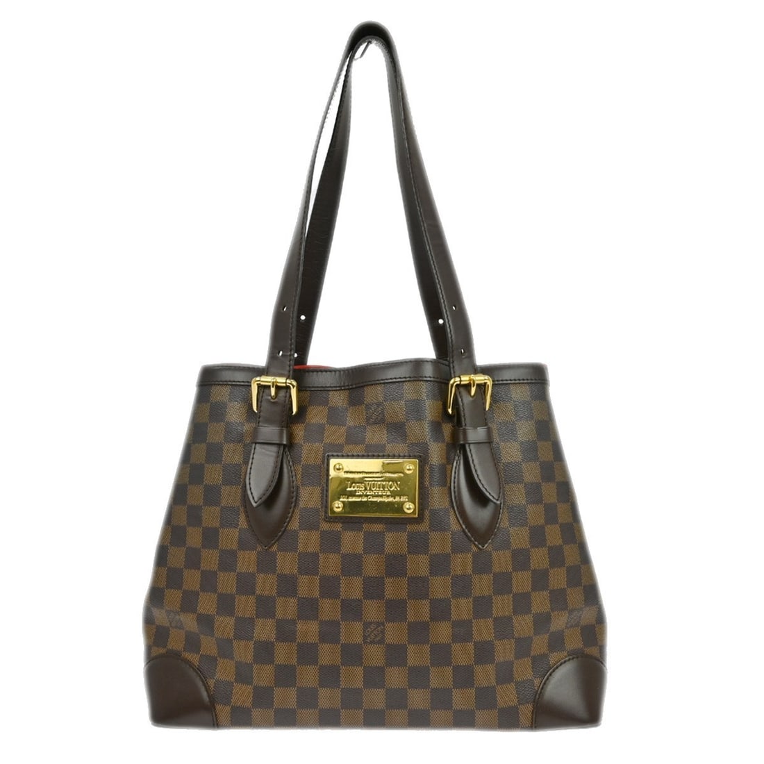 Louis Vuitton Damier Ebene Hampstead MM Tote Bag: Louis Vuitton Damier Ebene Hampstead MM Tote Bag This Louis Vuitton Hampstead MM tote bag features the iconic Ebene Damier canvas leather exterior with brown handles and red Alcantara lining. Designed