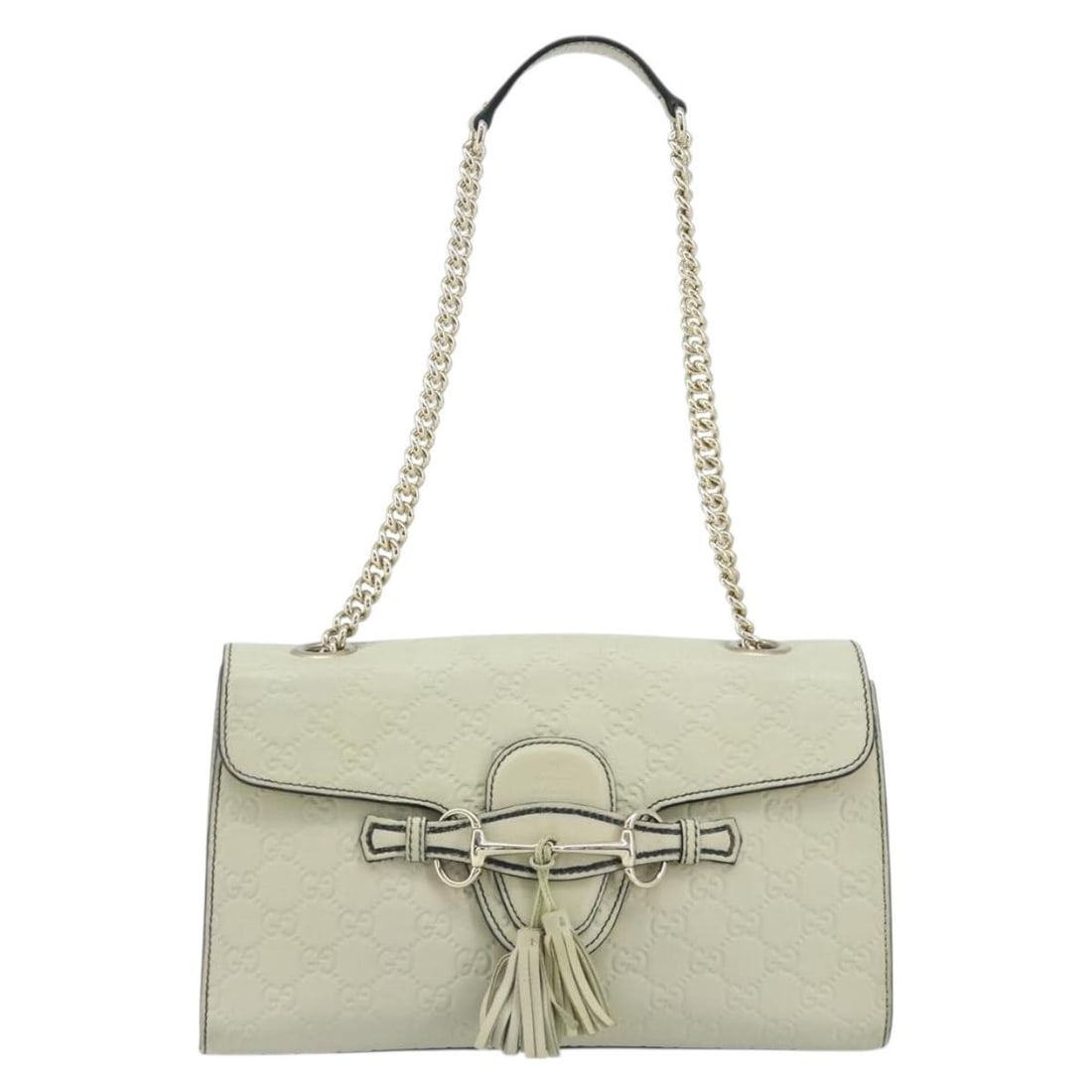 Beige Guccissima Leather Emily Chain Flap Shoulder Bag by Gucci: Beige Guccissima Leather Emily Chain Flap Shoulder Bag by Gucci The Gucci Emily Chain Flap Bag is crafted from beige Guccissima leather, designed for women. This bag features a chain shoulder strap an