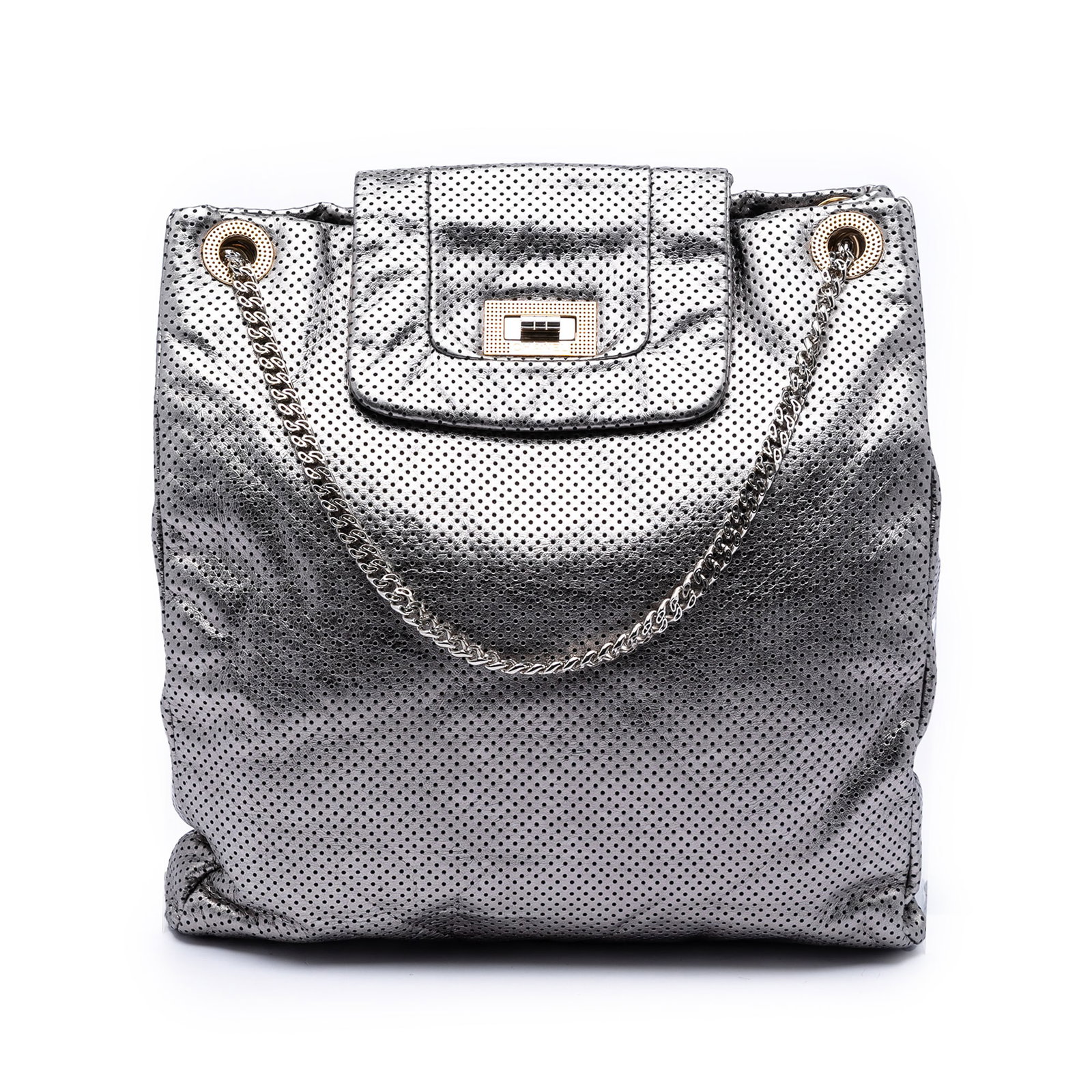 Chanel silver perforated metallic calfskin tote bag: Chanel silver perforated metallic calfskin tote bag This Chanel Perforated Crackled Metallic Calfskin Drill Tote features a silver perforated leather body with a distinctive crackled finish. It is des