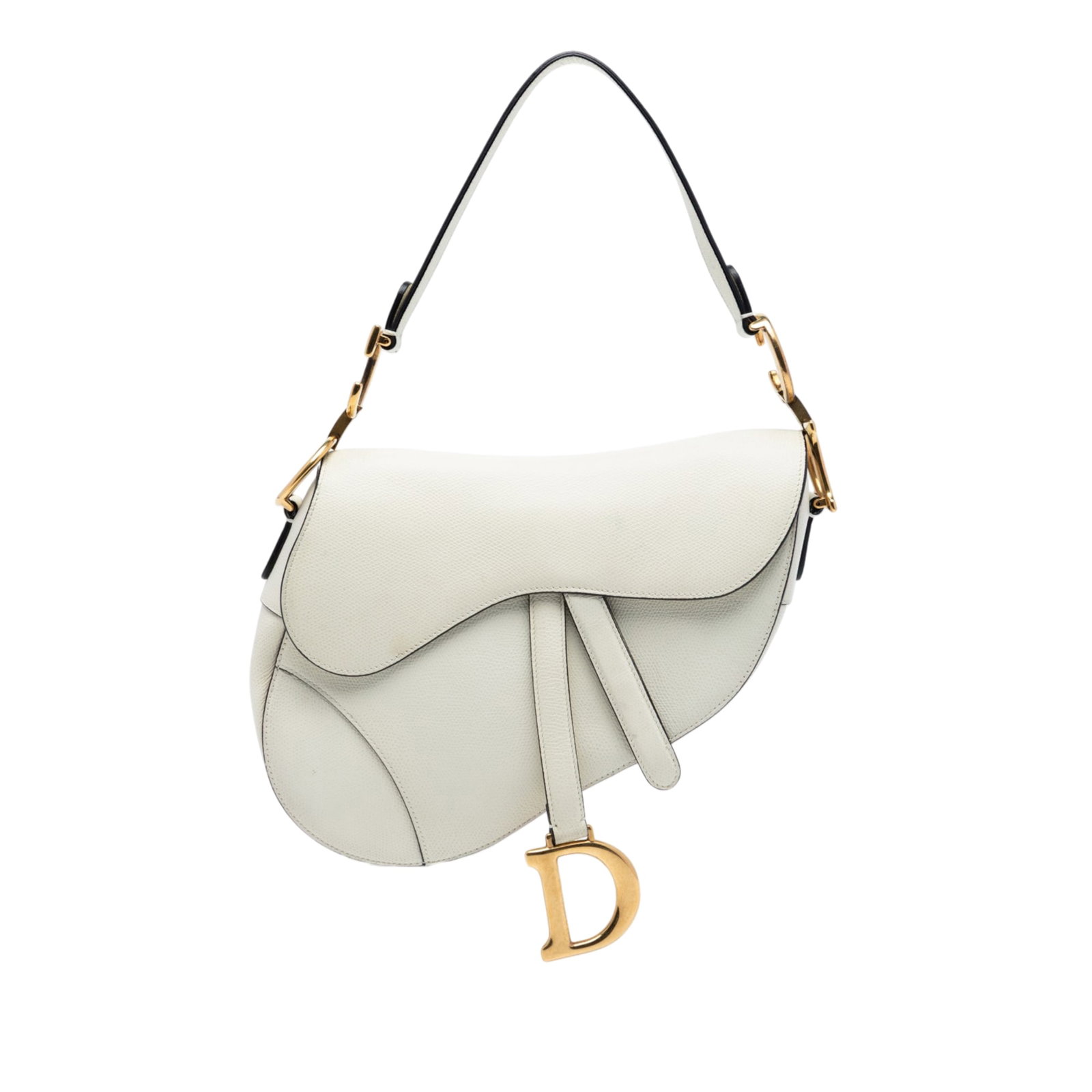 Dior Saddle Bag White Grained Calfskin Leather: Dior Saddle Bag White Grained Calfskin Leather This Dior Grained Calfskin Saddle Bag is crafted from white leather and features a flat leather shoulder strap, a front flap with magnetic closure, an ex