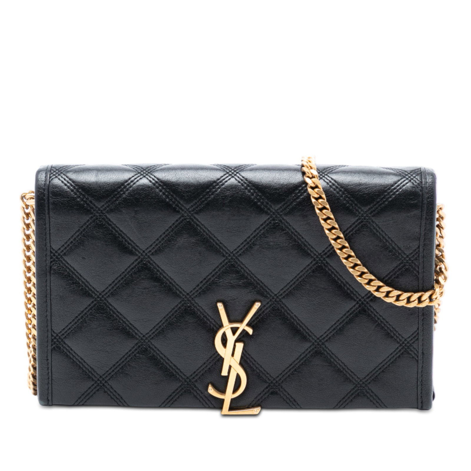 Saint Laurent Becky Black Lambskin Quilted Chain Wallet Crossbody Bag: Saint Laurent Becky Black Lambskin Quilted Chain Wallet Crossbody Bag This Saint Laurent Quilted Diamond Lambskin Becky Wallet on Chain is crafted from quilted lambskin leather in black and features a
