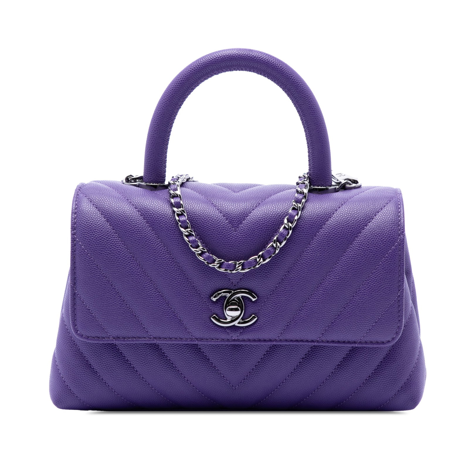 Chanel Purple Caviar Leather Coco Top Handle Satchel: Chanel Purple Caviar Leather Coco Top Handle Satchel This Chanel Mini Chevron Caviar Coco Top Handle Bag is crafted from quilted caviar leather in a striking purple hue. It features a rolled leather t