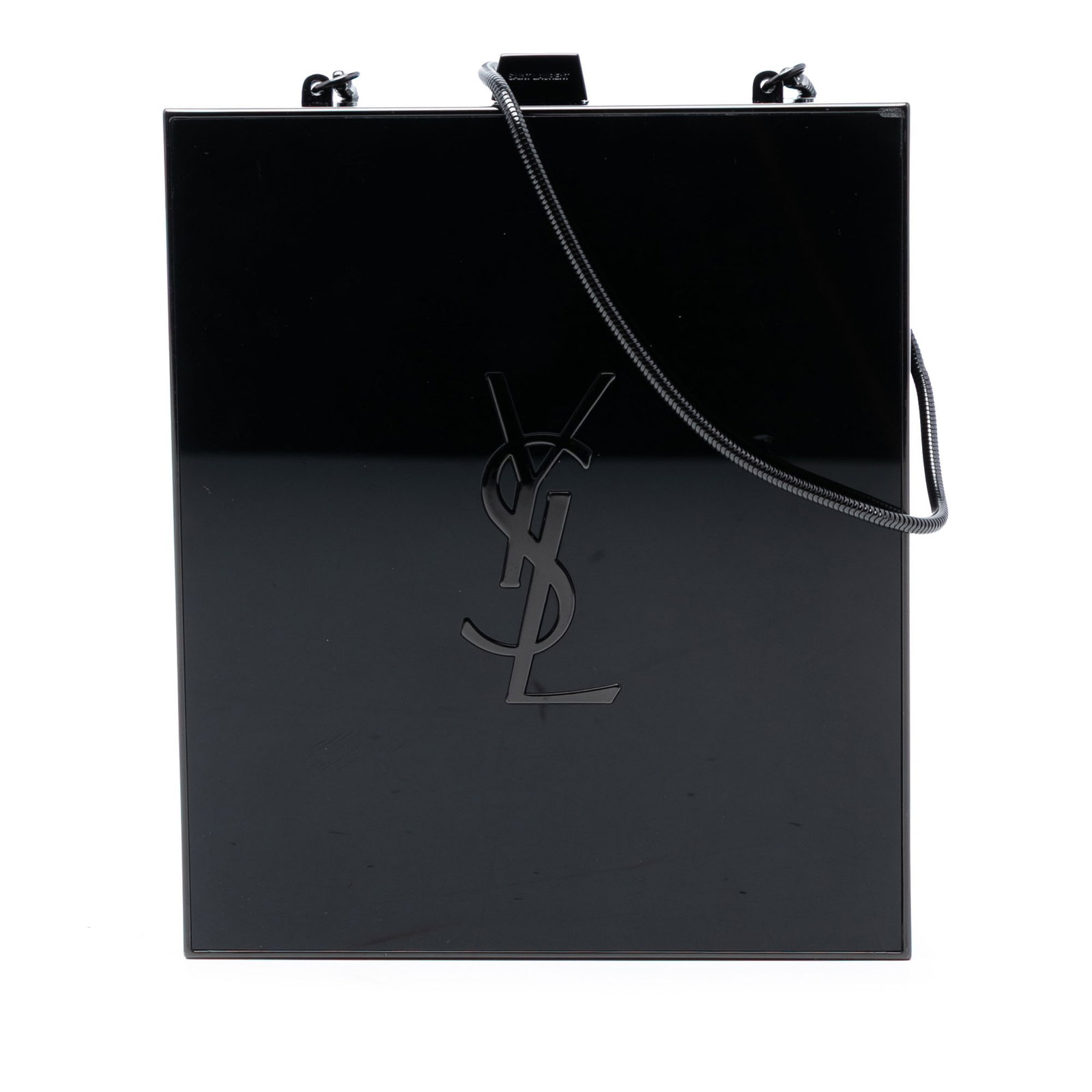 Saint Laurent Black Acrylic Box Evening Bag with Chain Strap: Saint Laurent Black Acrylic Box Evening Bag with Chain Strap This Saint Laurent Acrylic Tuxedo Box Clutch features a sleek metal body with a black acrylic finish, complemented by a snake link chain st