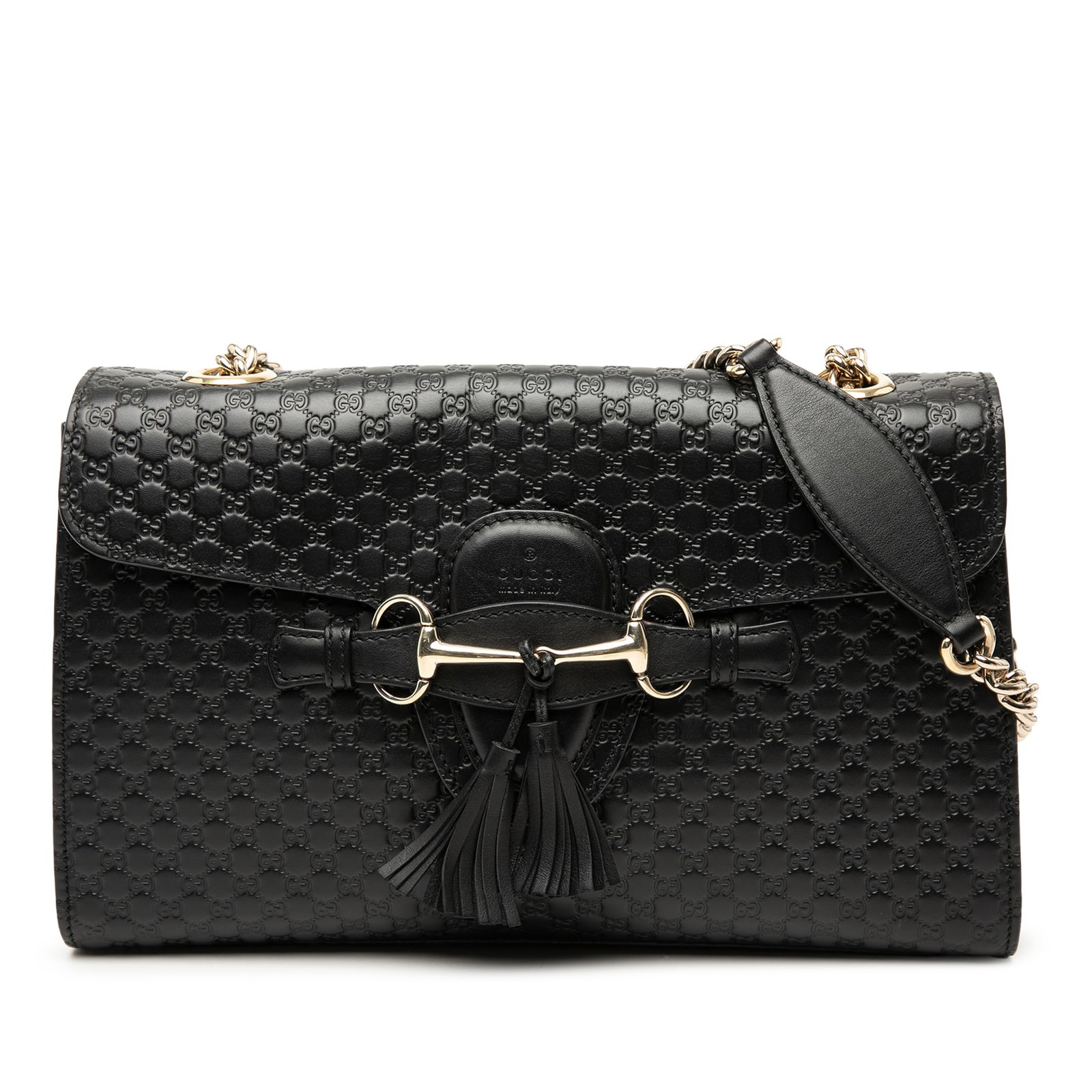 Gucci Emily black embossed leather shoulder bag: Gucci Emily black embossed leather shoulder bag This Gucci Medium Microguccissima Emily Shoulder Bag features a black embossed leather exterior, a curb chain strap, a front flap with a slip-through cl