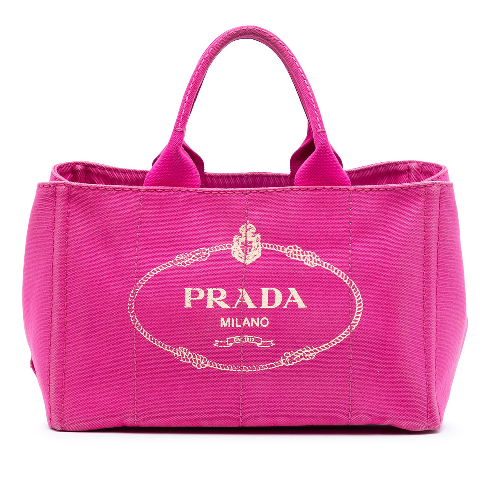 Prada Pink Canvas Canapa Satchel Bag: Prada Pink Canvas Canapa Satchel Bag This Prada Canvas Canapa Logo Satchel features a pink fabric body with rolled handles, an open top, and interior zip and slip pockets. The satchel is made in Turke