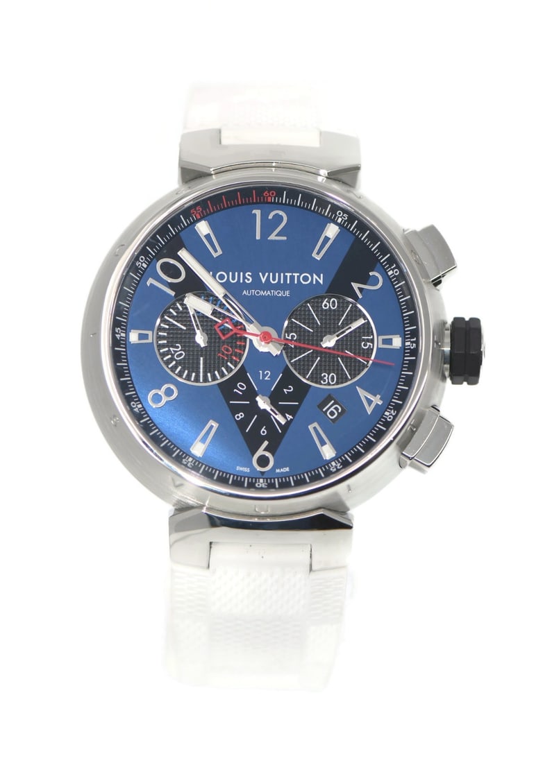 Louis Vuitton Tambour Chronograph Watch Q102V Blue Dial Rubber Band: Louis Vuitton Tambour Chronograph Watch Q102V Blue Dial Rubber Band Experience the luxury of time with the Louis Vuitton Tambour Chronograph Wristwatch, a stunning blend of style and functionality. Th