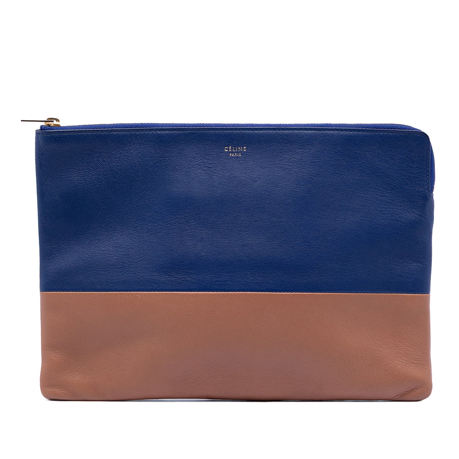 Celine Solo Clutch Blue Lambskin Leather Top Zip Bag: Celine Solo Clutch Blue Lambskin Leather Top Zip Bag This Celine Bicolor Lambskin Solo Clutch features a leather body in a two-tone design, a top zip closure, and interior slip pockets for organizatio
