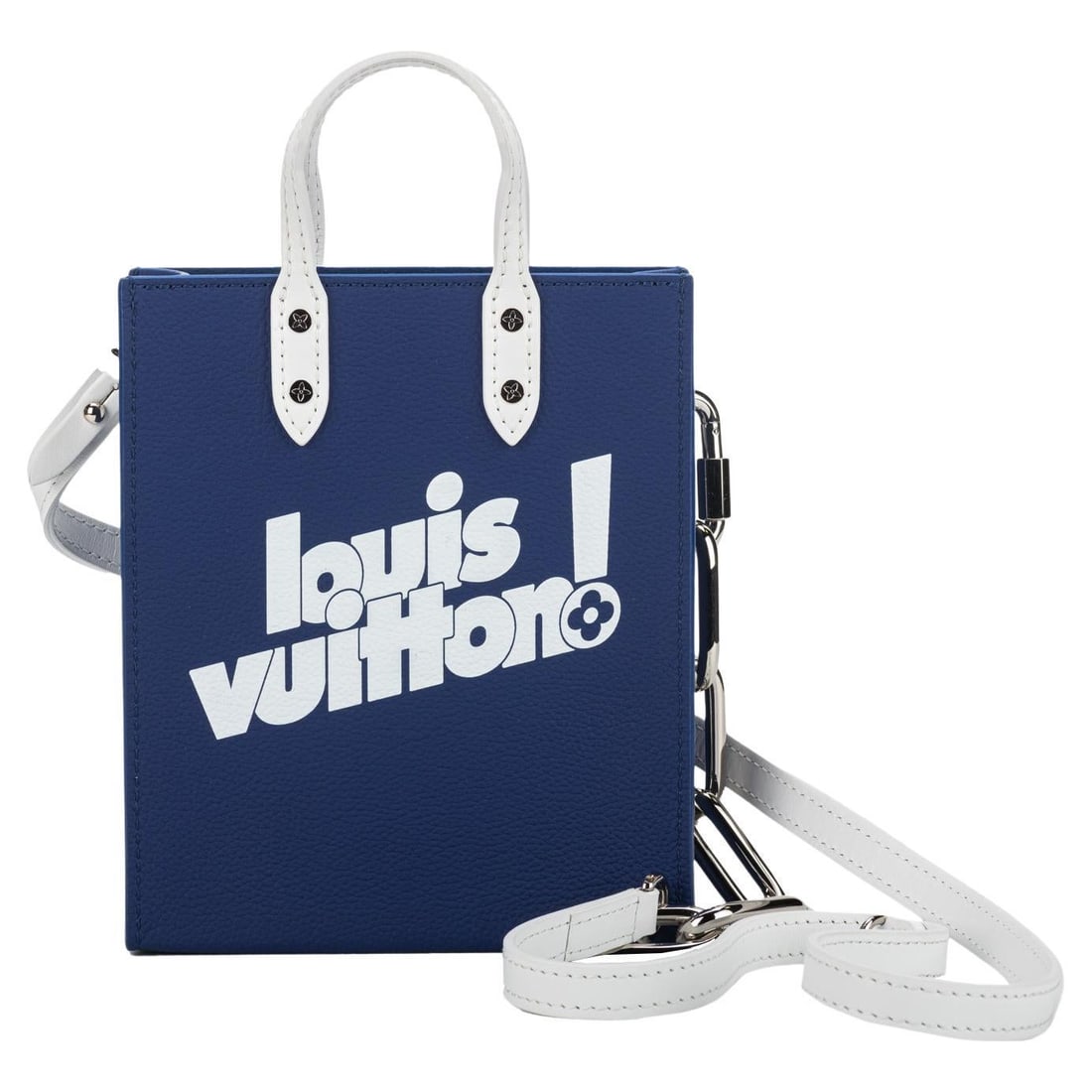 Louis Vuitton Virgil Abloh Blue Cowhide Sac Plat XS with Silver Hardware: Louis Vuitton Virgil Abloh Blue Cowhide Sac Plat XS with Silver Hardware Introducing the Virgil Abloh Blue Cowhide LV Sac Plat XS, a stylish and functional piece from Louis Vuitton's 2021 collection. 