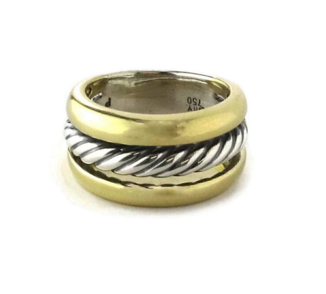 David Yurman triple-row cable band ring 18k gold sterling size 6: David Yurman triple-row cable band ring 18k gold sterling size 6 This authentic David Yurman Cable triple row band ring is crafted from sterling silver with 18k yellow gold accents. Featuring the bran