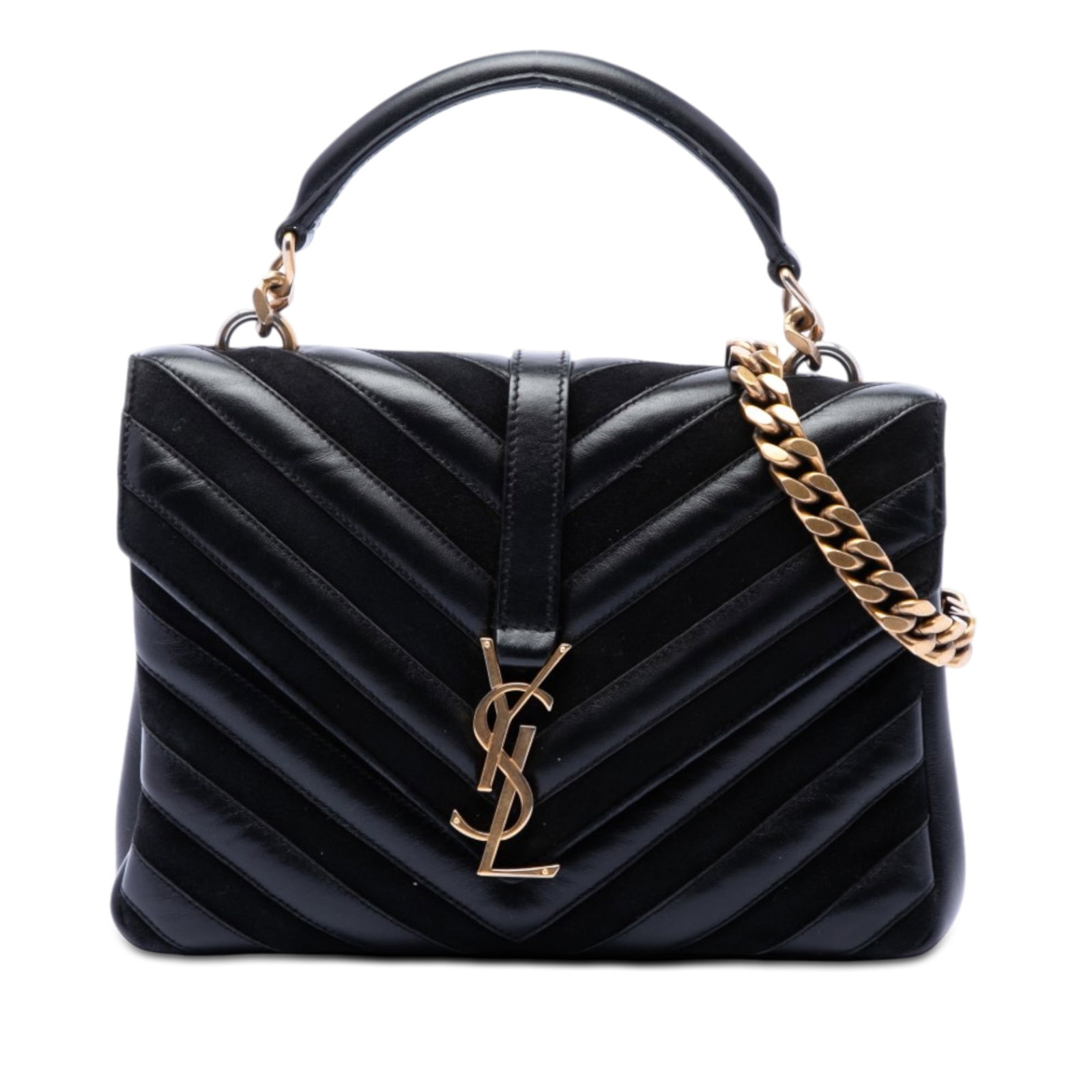 Saint Laurent College satchel black calfskin suede chevron monogram: Saint Laurent College satchel black calfskin suede chevron monogram This Saint Laurent Medium Calfskin and Suede Chevron Monogram College Satchel features a quilted calfskin and suede leather body wit