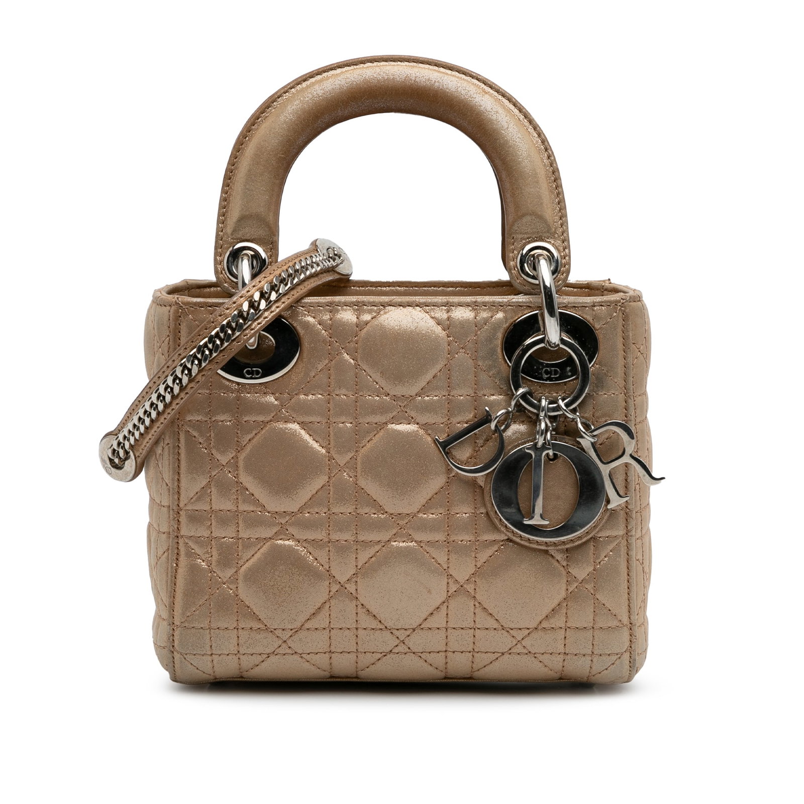 Dior Mini Lady Cannage Iridescent Lambskin Bag: Dior Mini Lady Cannage Iridescent Lambskin Bag This Mini Lady Dior bag showcases a quilted lambskin leather body in a beige iridescent finish, featuring flat leather top handles and a detachable chain