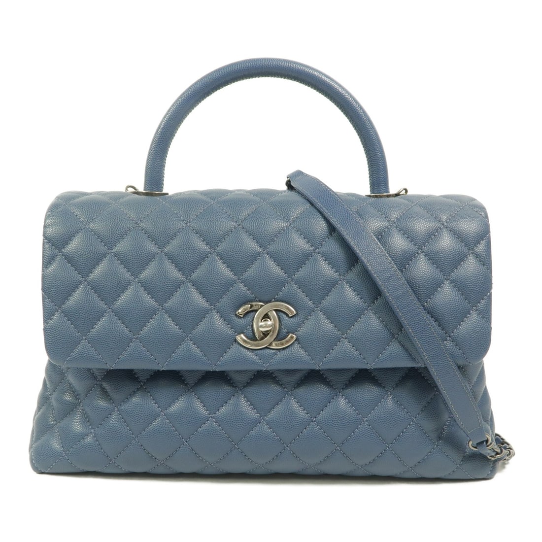 CHANEL Coco Handle Blue Calfskin Chain Shoulder Bag: CHANEL Coco Handle Blue Calfskin Chain Shoulder Bag This CHANEL Coco Handle Large 2-Way Chain Shoulder Bag features a sophisticated blue calfskin leather exterior and offers versatile wear as both a s
