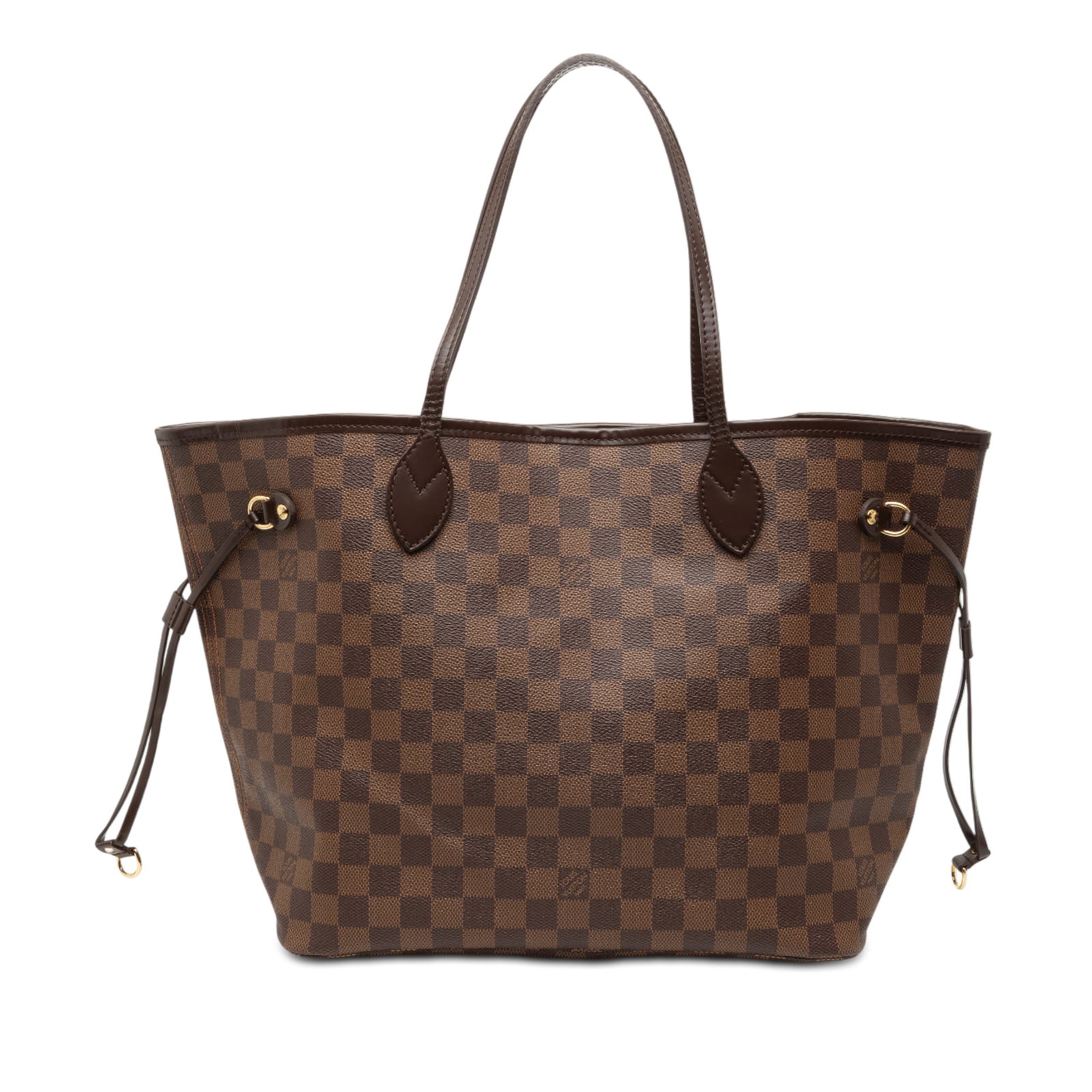 Louis Vuitton Neverfull MM Tote in Damier Ebene Canvas with Leather Trim: Louis Vuitton Neverfull MM Tote in Damier Ebene Canvas with Leather Trim This Louis Vuitton Damier Ebene Neverfull MM features a classic brown Damier canvas body with leather trim, flat leather should