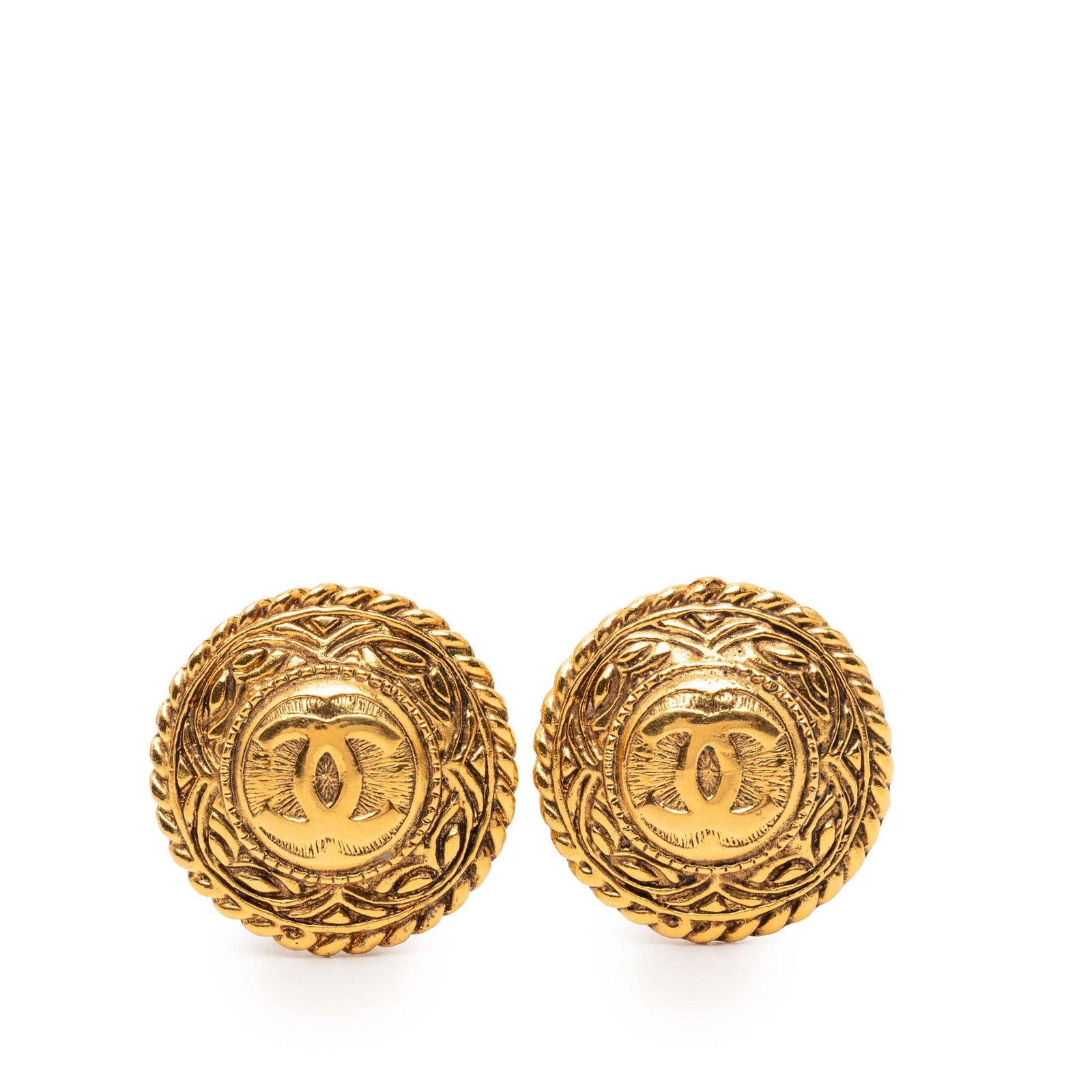 Chanel CC Logo Gold Plated Metal Clip On Round Earrings: Chanel CC Logo Gold Plated Metal Clip On Round Earrings These Chanel round clip-on earrings are crafted from gold-plated metal and feature the iconic CC logo. Designed as costume jewelry, they offer a