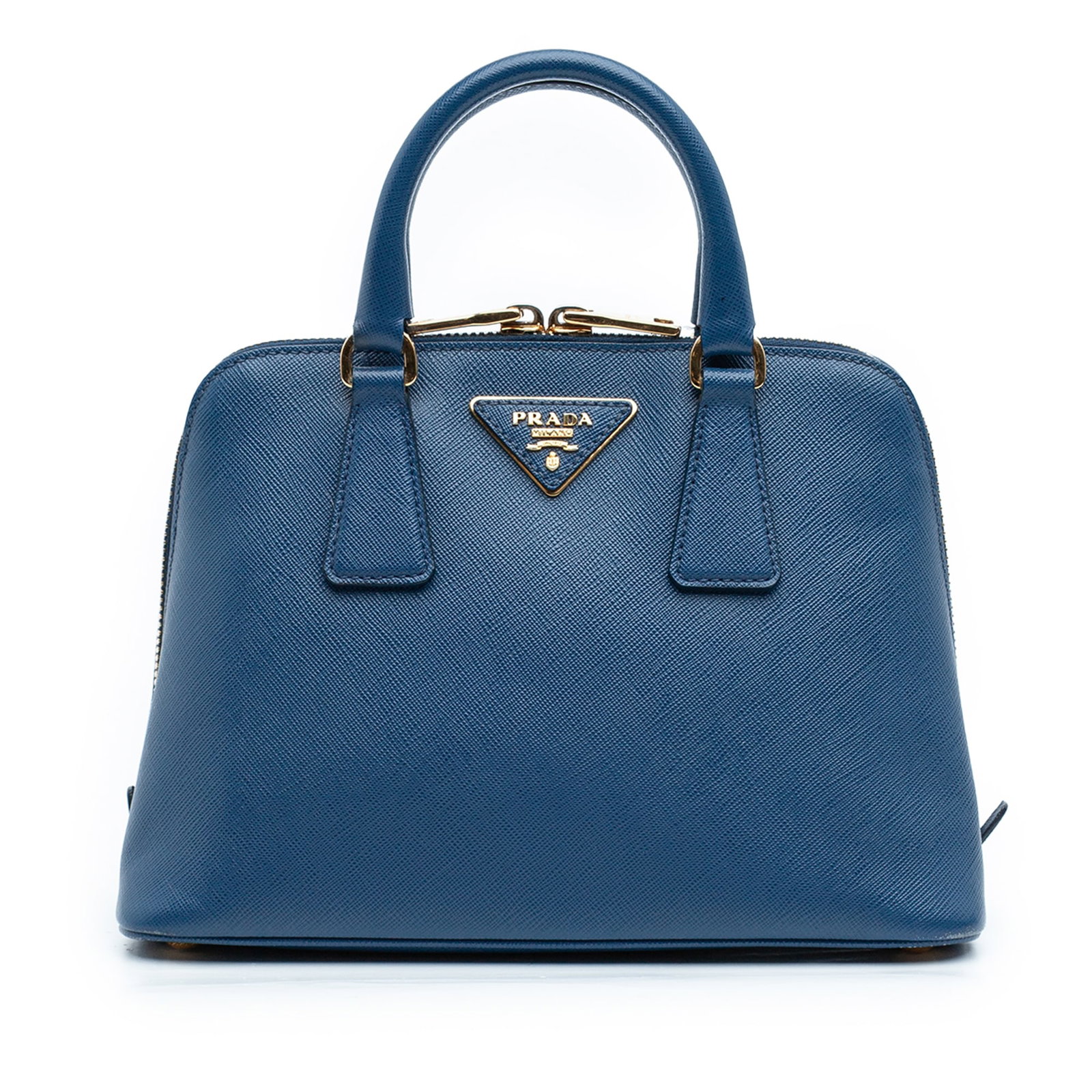 Blue Saffiano Leather Promenade Satchel by Prada Small Size: Blue Saffiano Leather Promenade Satchel by Prada Small Size This Prada Small Saffiano Lux Promenade Satchel showcases a blue saffiano leather body with rolled leather handles, a top zip closure, an in