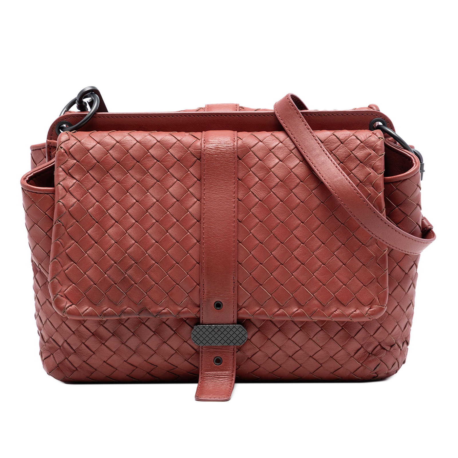 Bottega Veneta red nappa leather Intrecciato messenger bag: Bottega Veneta red nappa leather Intrecciato messenger bag This Bottega Veneta Nappa Intrecciato Double Sided Flap Messenger Bag features a woven nappa leather body in red, a flat leather strap, and d