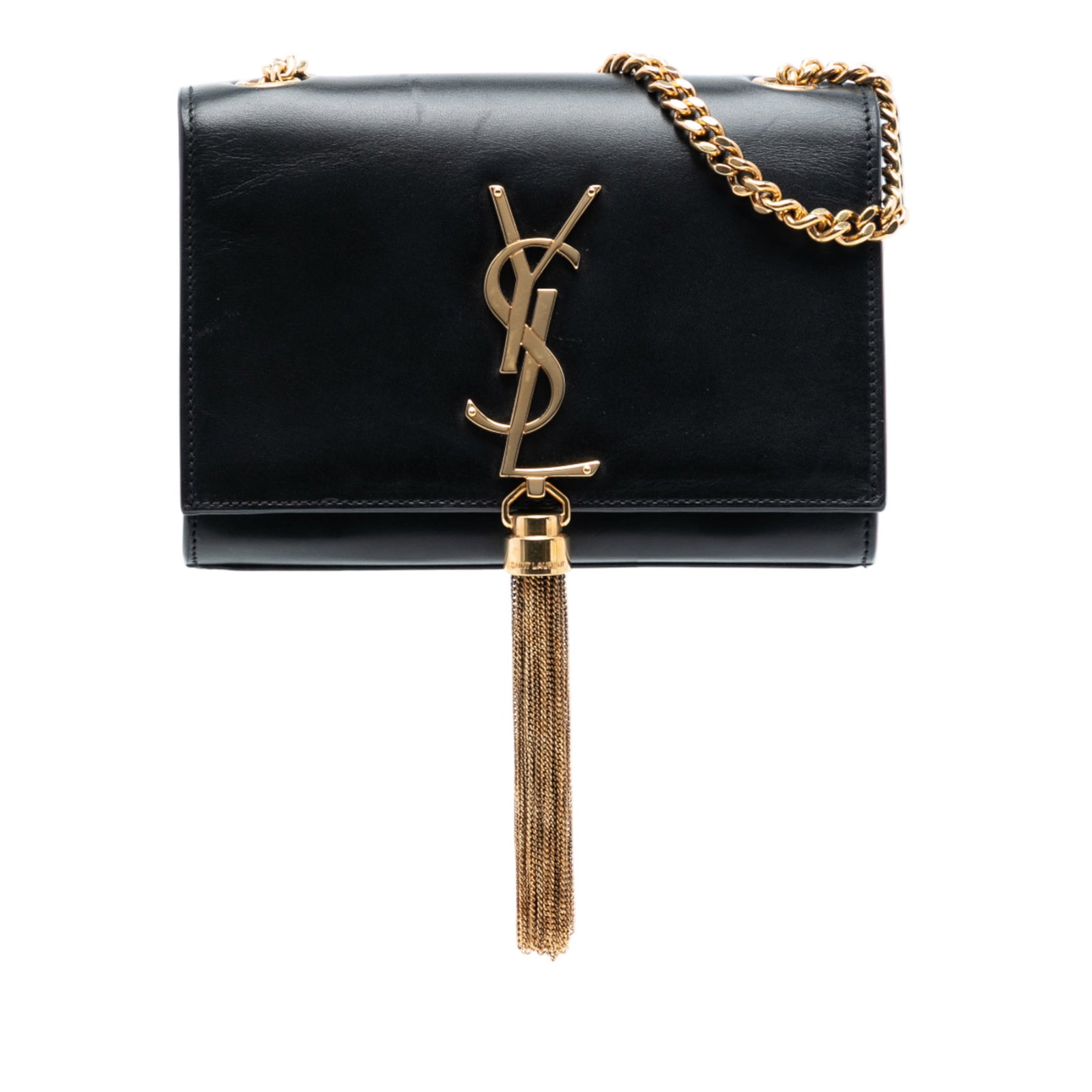Saint Laurent Kate Monogram Black Leather Crossbody with Tassel Accent: Saint Laurent Kate Monogram Black Leather Crossbody with Tassel Accent This Saint Laurent Small Smooth Calfskin Monogram Kate Tassel Crossbody features a black leather exterior, a chain-link shoulder 