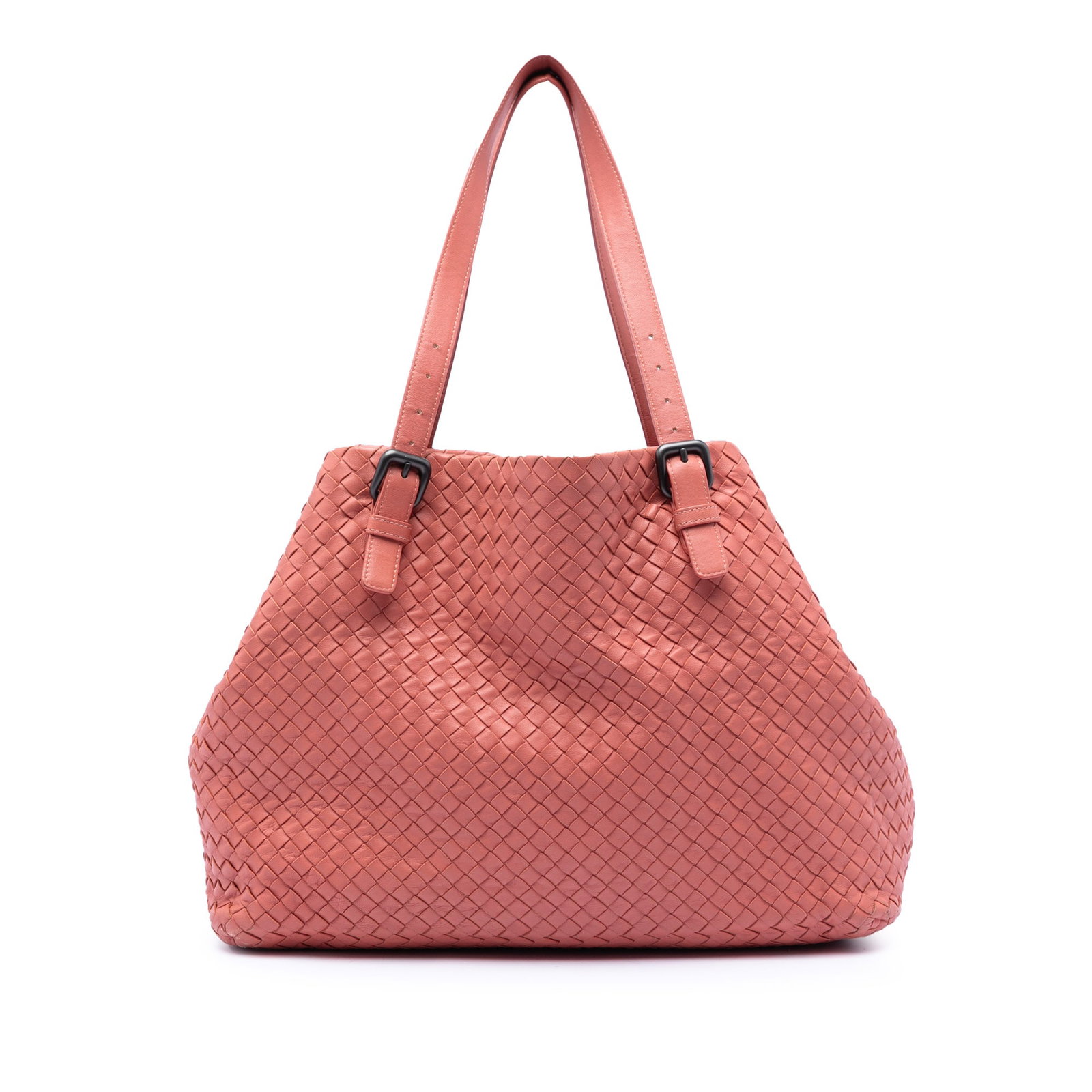 Bottega Veneta Pink Leather Cesta Tote Large Nappa Intrecciato: Bottega Veneta Pink Leather Cesta Tote Large Nappa Intrecciato This Bottega Veneta Large Nappa Intrecciato Cesta Tote showcases the brand's signature woven leather design in a pink hue. The bag featur