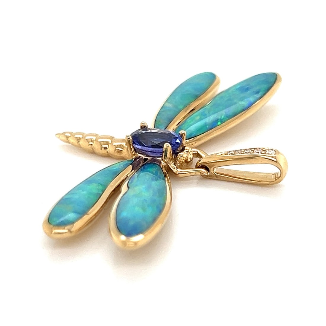 Kabana dragonfly charm pendant 14k yellow gold opal tanzanite diamond: Kabana dragonfly charm pendant 14k yellow gold opal tanzanite diamond This Kabana dragonfly charm pendant is crafted from solid 14k yellow gold and features a sculpted dragonfly design. The wings are 
